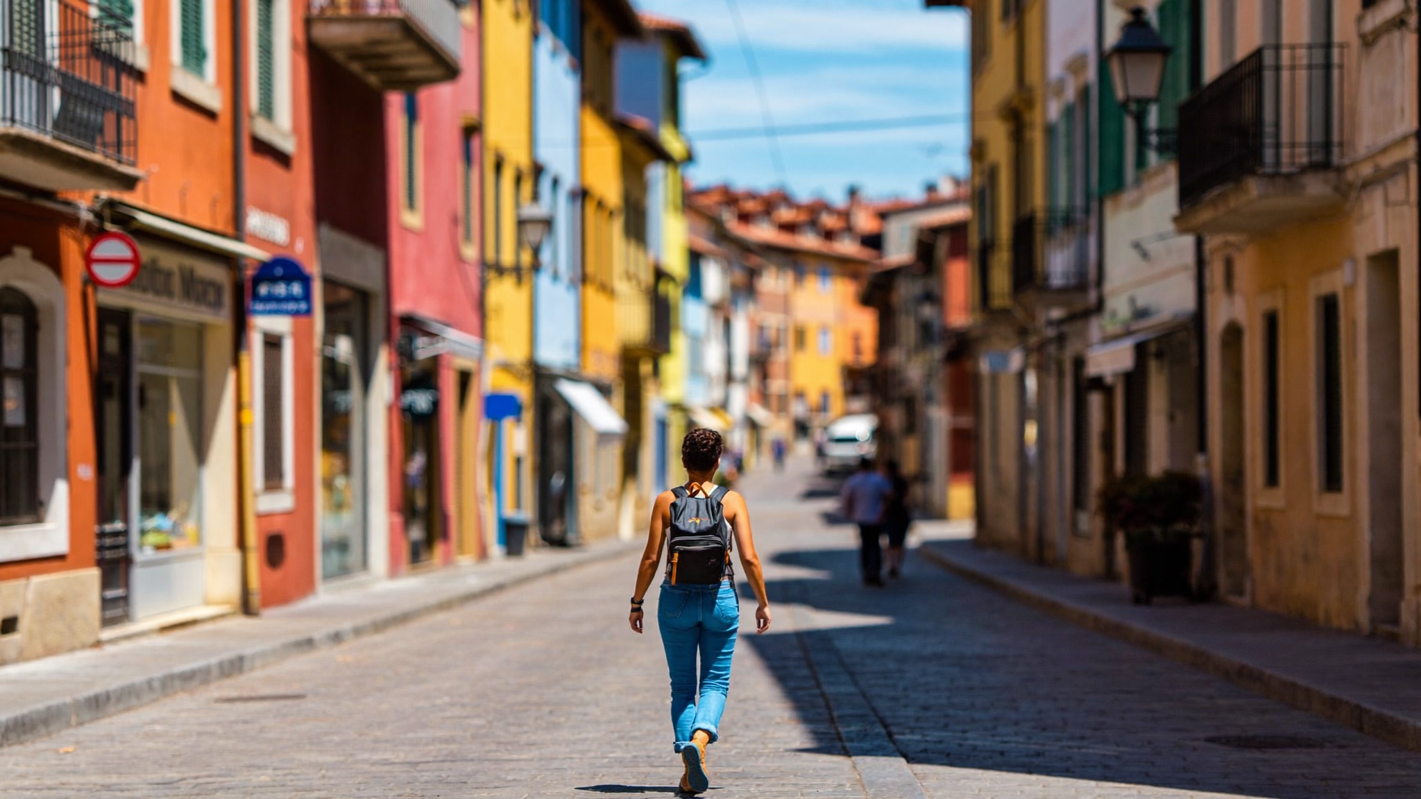Bright midday shot of a solo traveller from behind, walking along a sunlit cobblestone street in a historic European old town, colourful facades on either side, small backpack on shoulders, relaxed pace