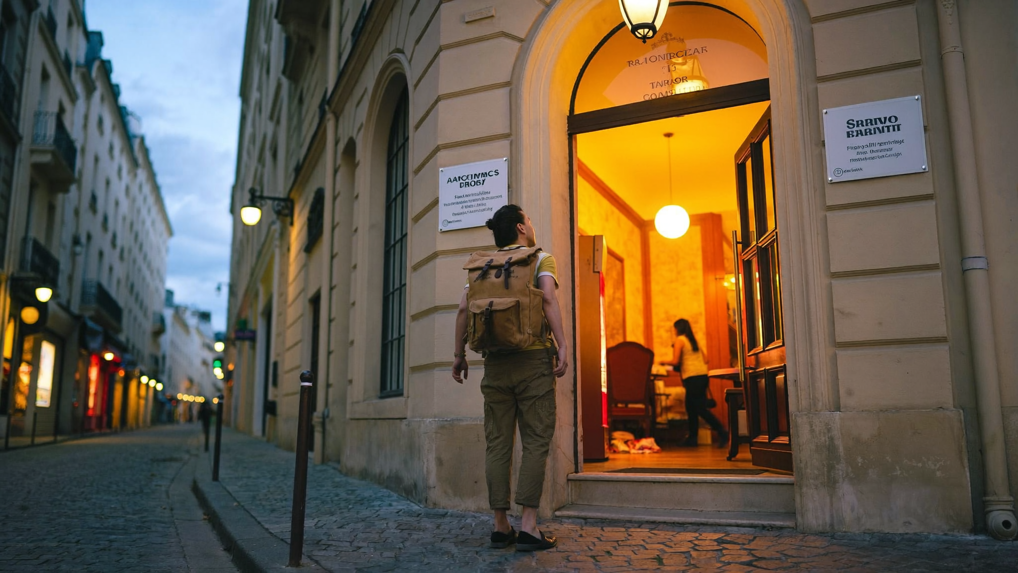 A lone traveller with a worn canvas backpack standing at the entrance of a classic European boutique hotel at dusk, warm amber light spilling from the doorway onto cobblestones, quiet street behind