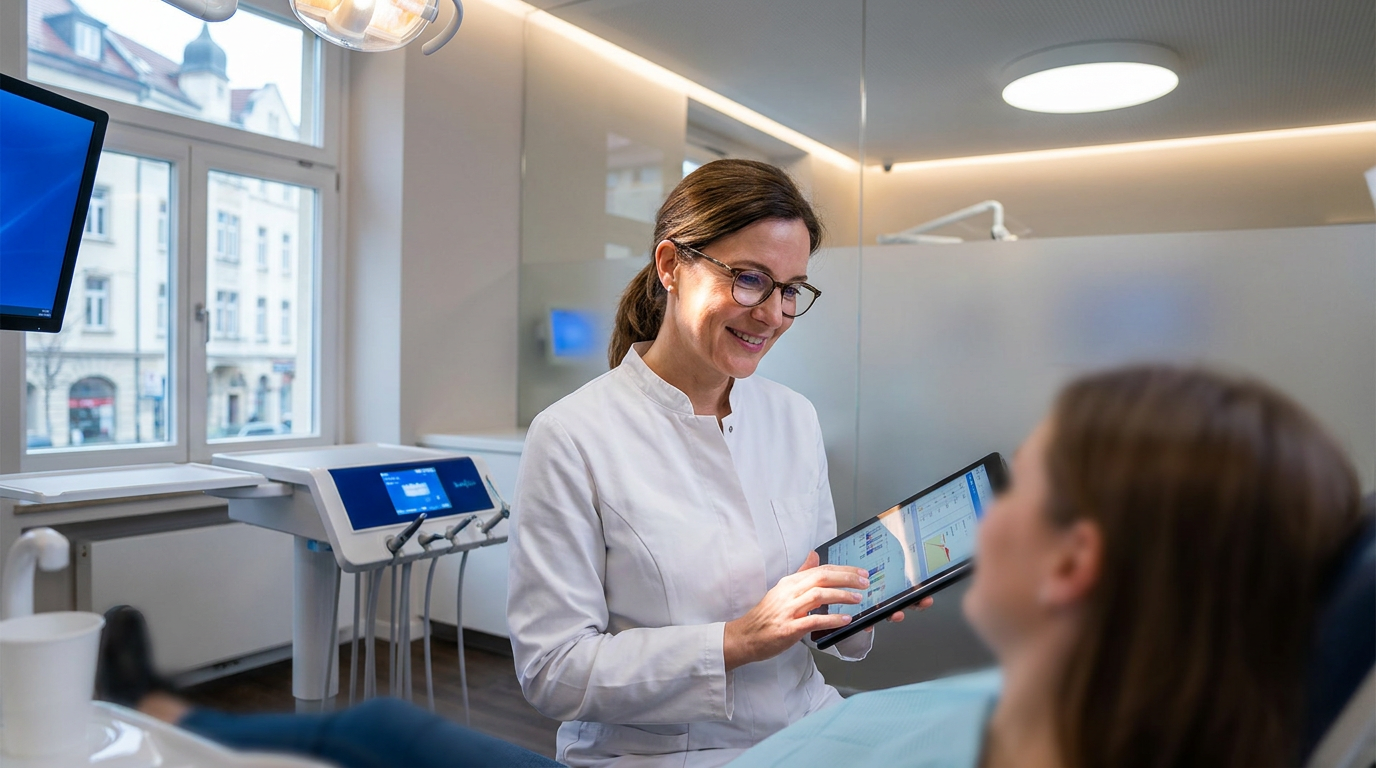 Zahnarzt mit digitalem Tablet