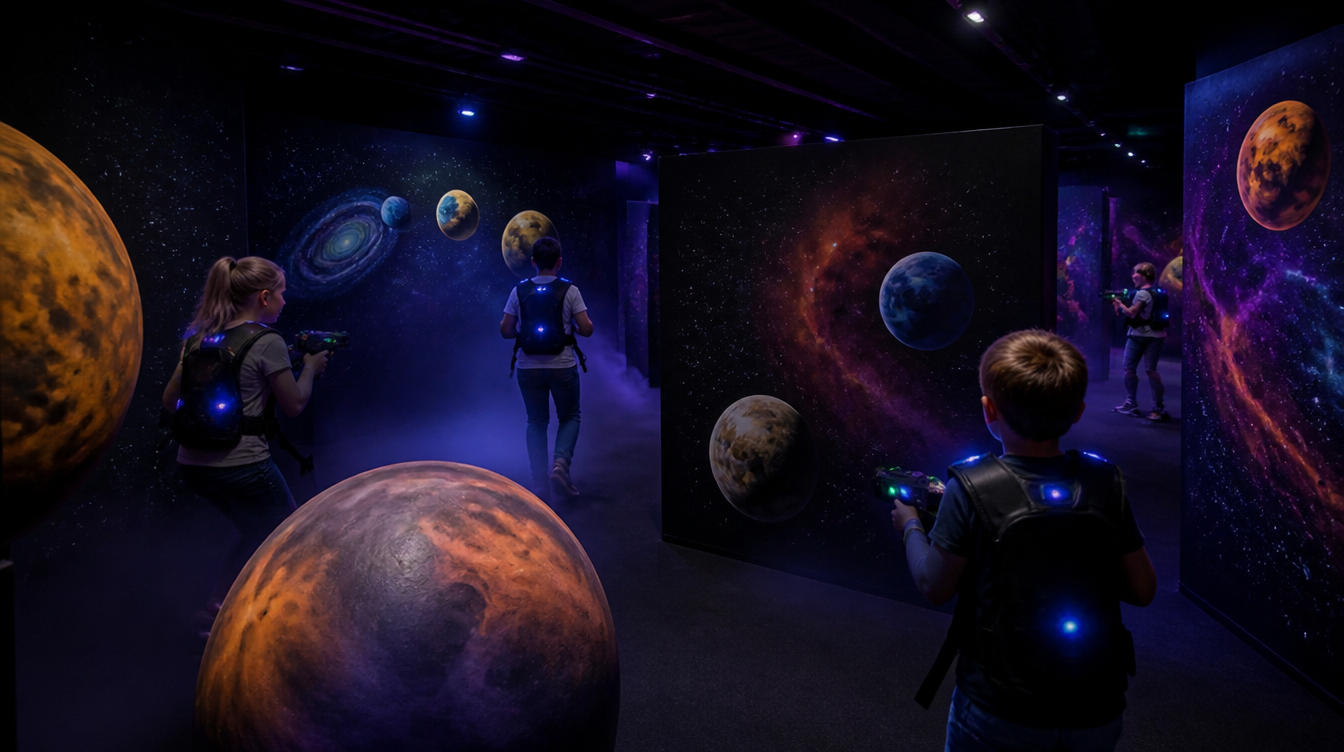 Le labyrinthe laser aux décors cosmiques peints, théâtre du Battle Royale