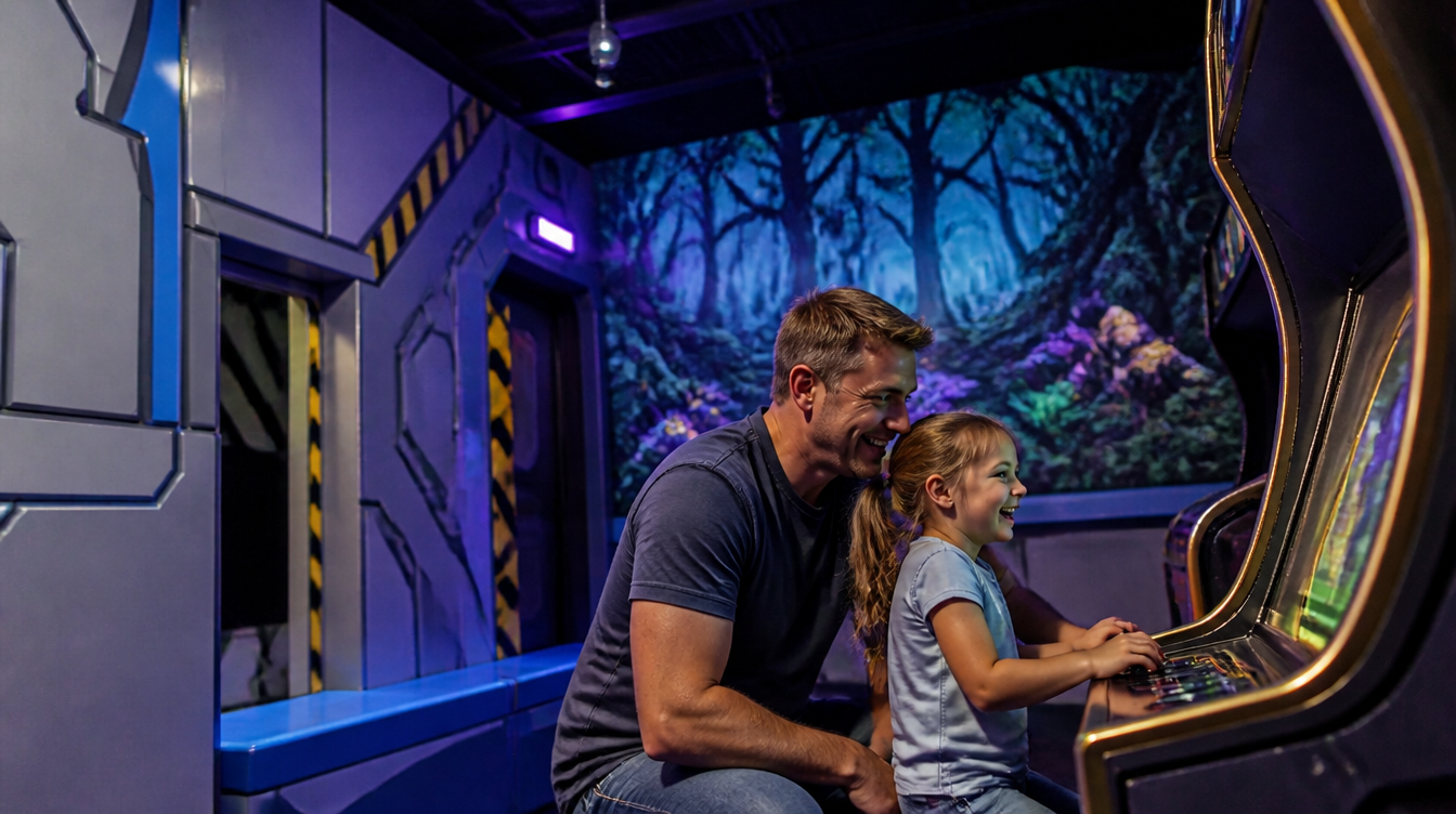 Un père et sa fille jouent sur les bornes d'arcade rétro dans le décor de vaisseau spatial