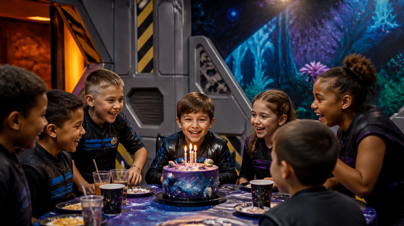 Anniversaire d'enfants autour d'un gâteau galactique dans la salle décorée du vaisseau