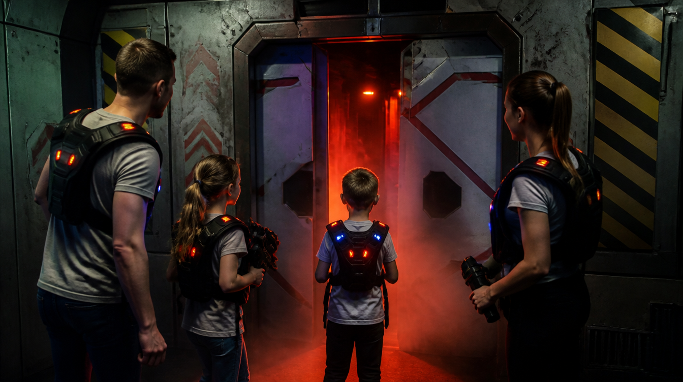 La porte de l'airlock du laser game s'ouvre devant une famille équipée de gilets lumineux
