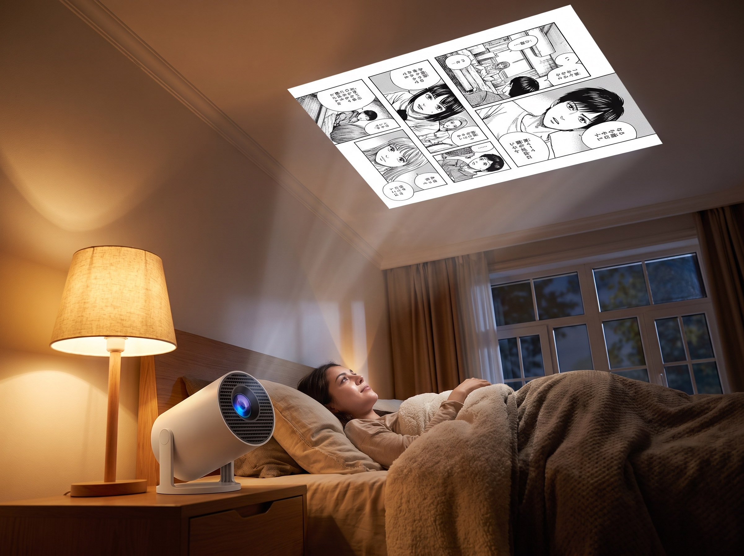 Manga projected on ceiling from bed