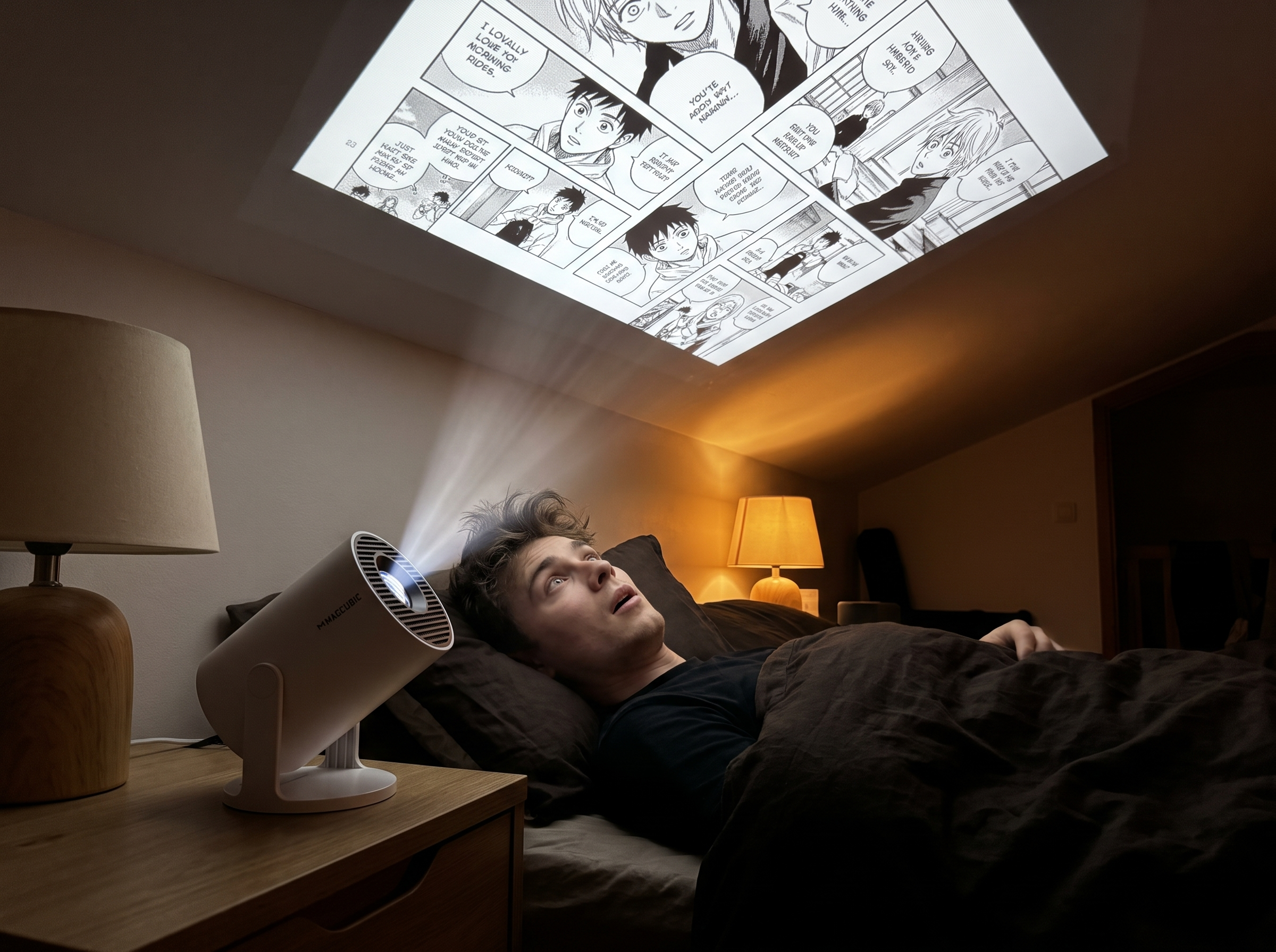 Man reading manga on ceiling with projector