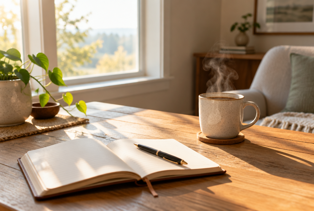 Morning routine ideas: a calm coffee and journal ritual in warm morning light