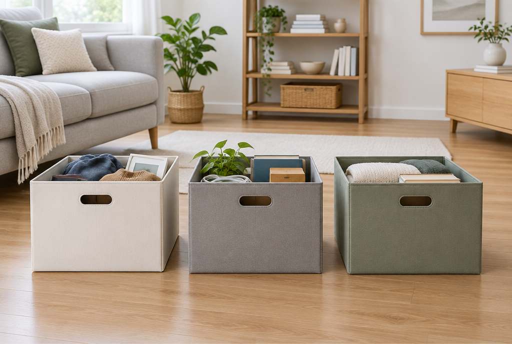Declutter your home room by room: three labeled boxes for out, elsewhere, and keep