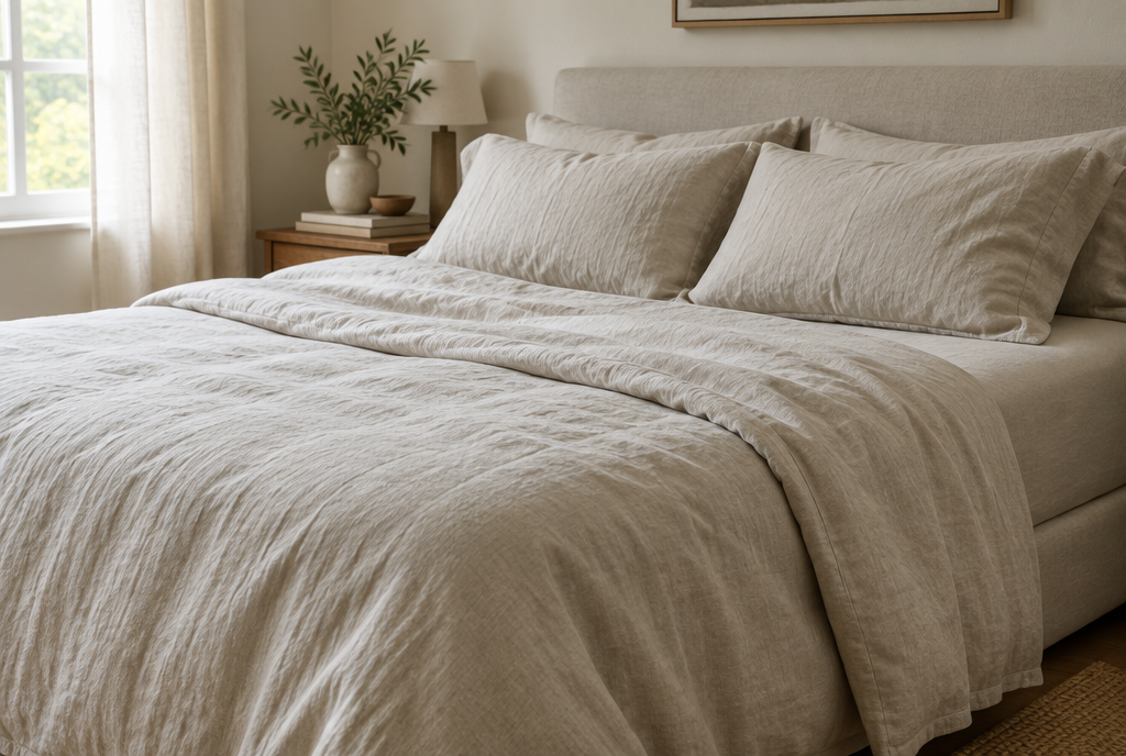 Best linen sheets on Amazon: a relaxed, softly wrinkled oatmeal linen bed