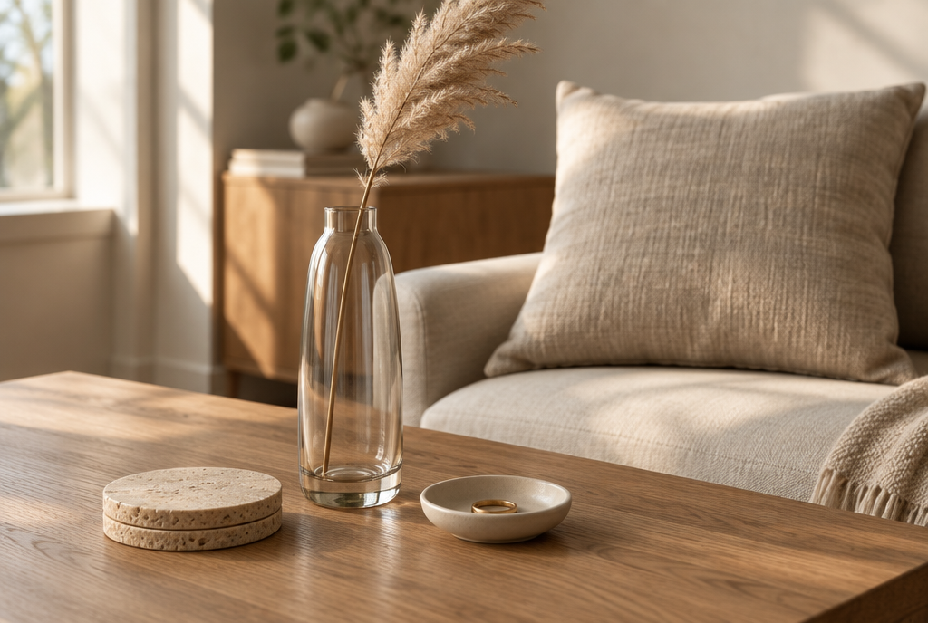 Amazon home decor under $50: curated travertine coaster, glass vase, and ceramic ring dish