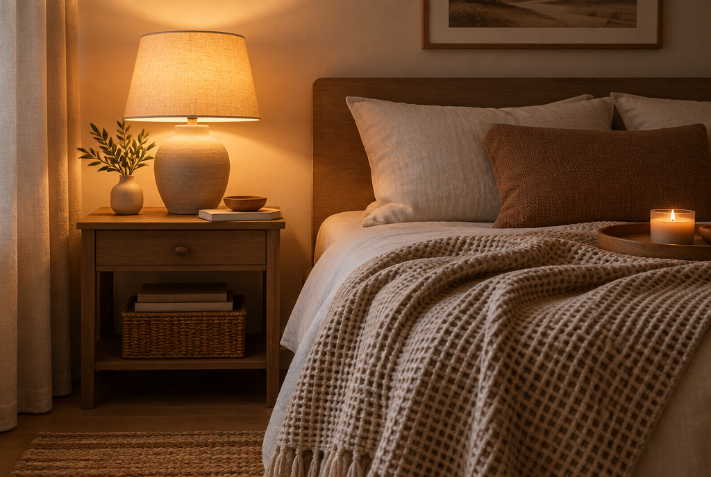 Cozy bedroom Amazon finds: warm lamp, waffle throw, and a wooden nightstand tray