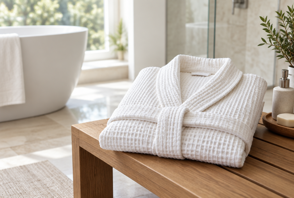 Best bathrobes that feel like a luxury hotel: folded waffle-weave robe on a spa bench