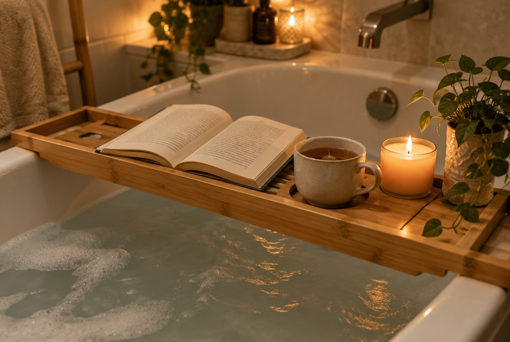 Best bathtub trays and bath caddies: a bamboo tray with book, tea, and candle