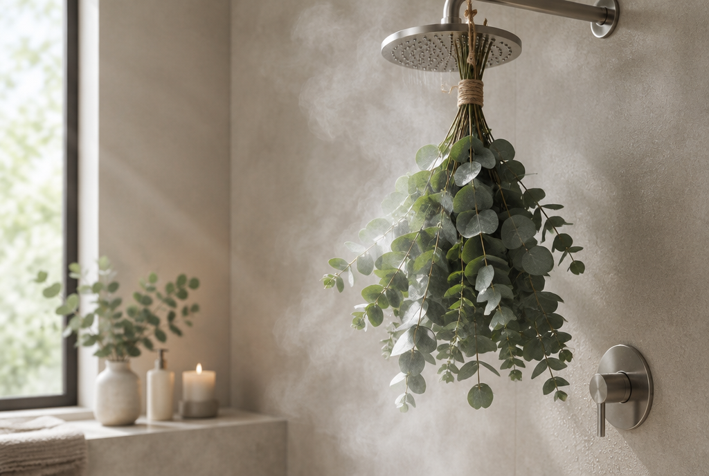 How to make your bathroom smell like a spa: eucalyptus bundle on the showerhead