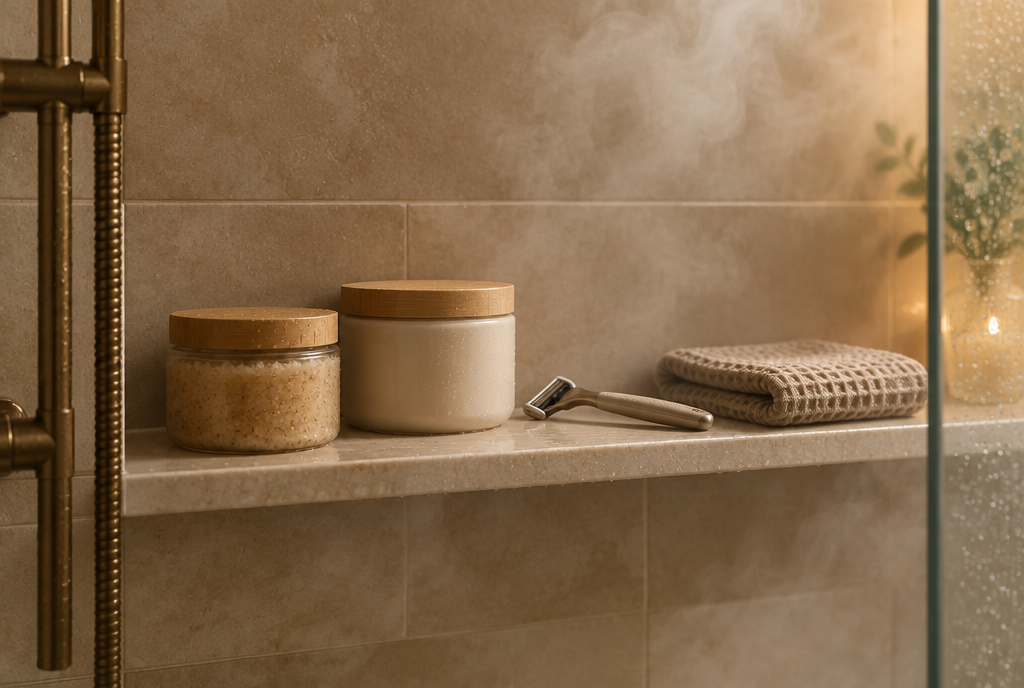 The everything shower routine: scrub, hair mask, and razor laid out on a shower shelf