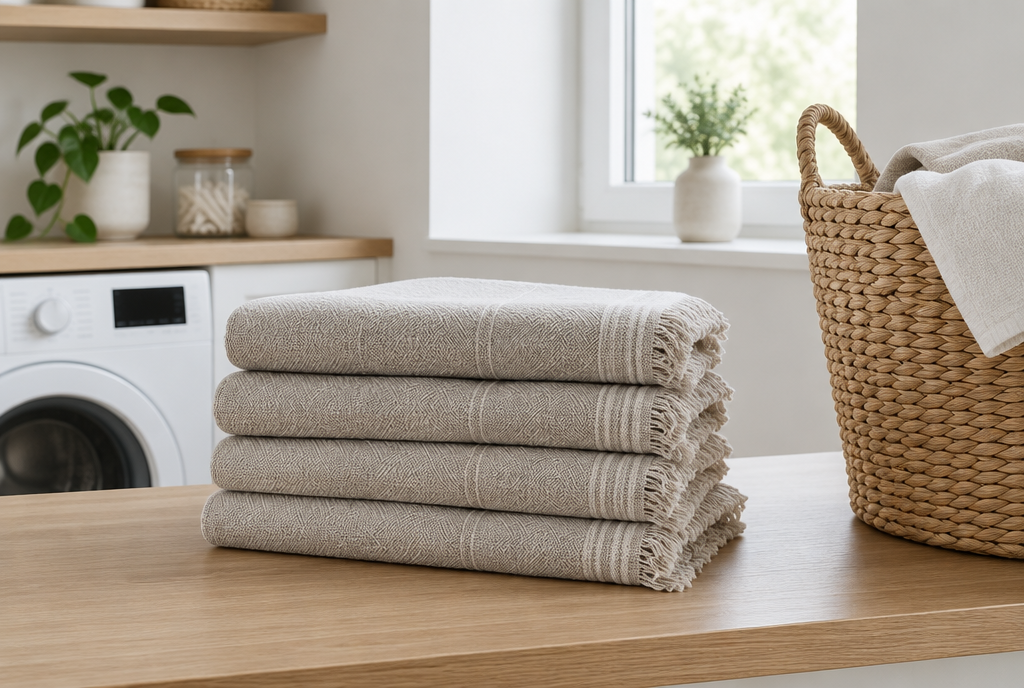 How to wash Turkish towels: neatly folded stone-colored towels by the laundry basket