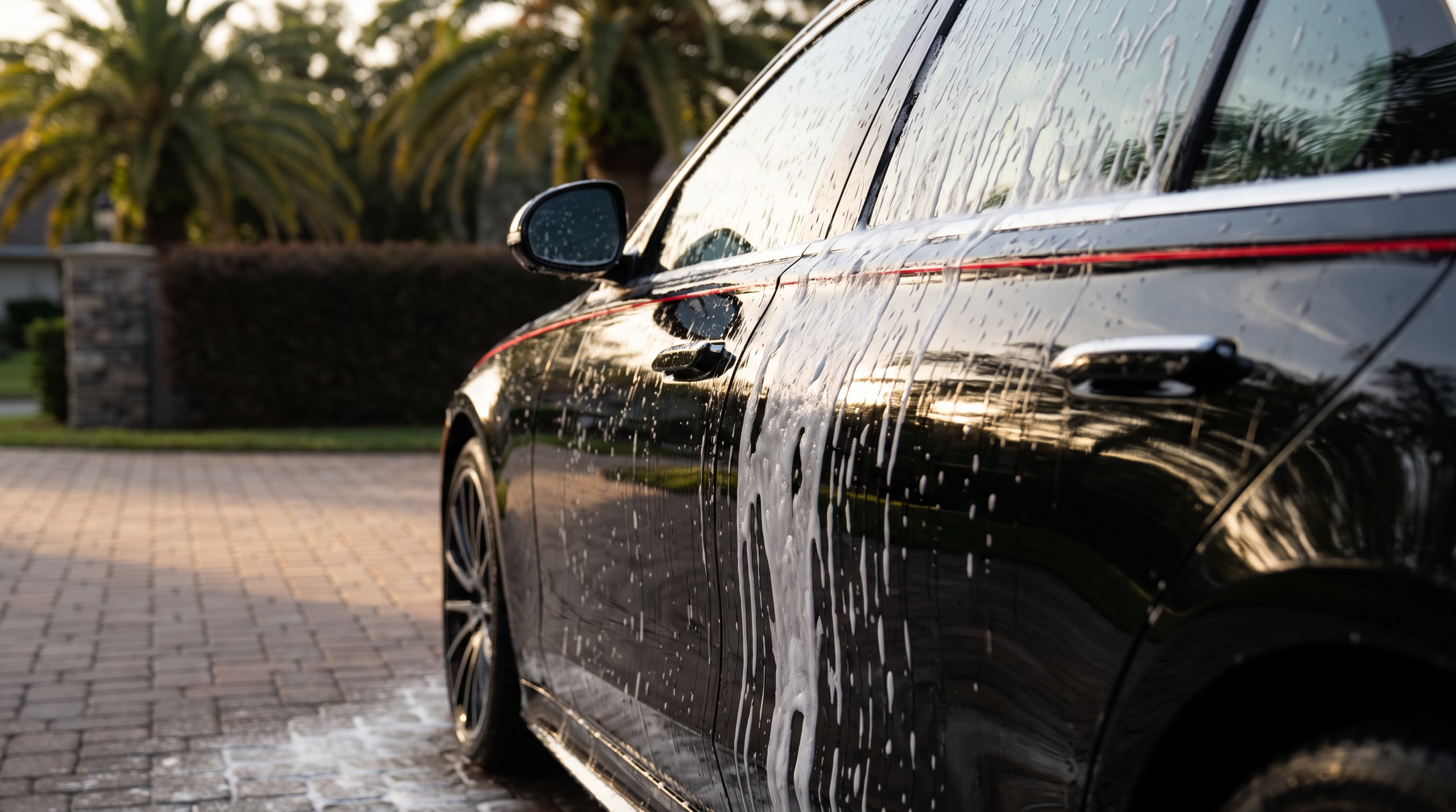 Glossy black car with foam during exterior detailing