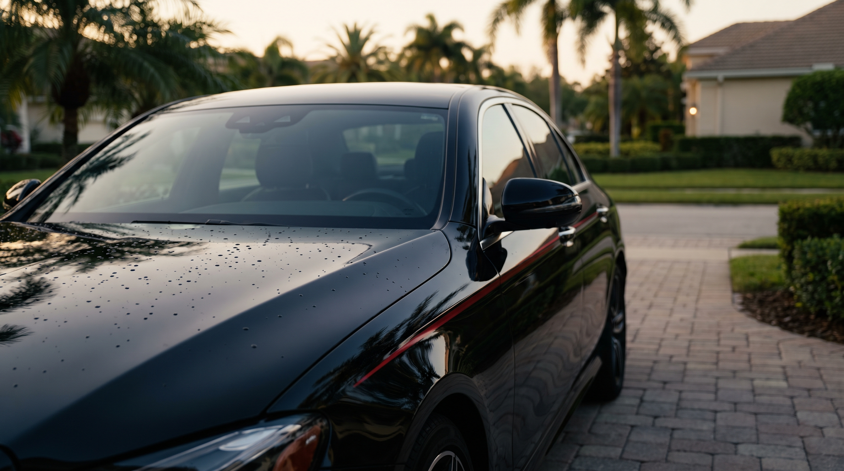 Clean glossy black car in a residential driveway