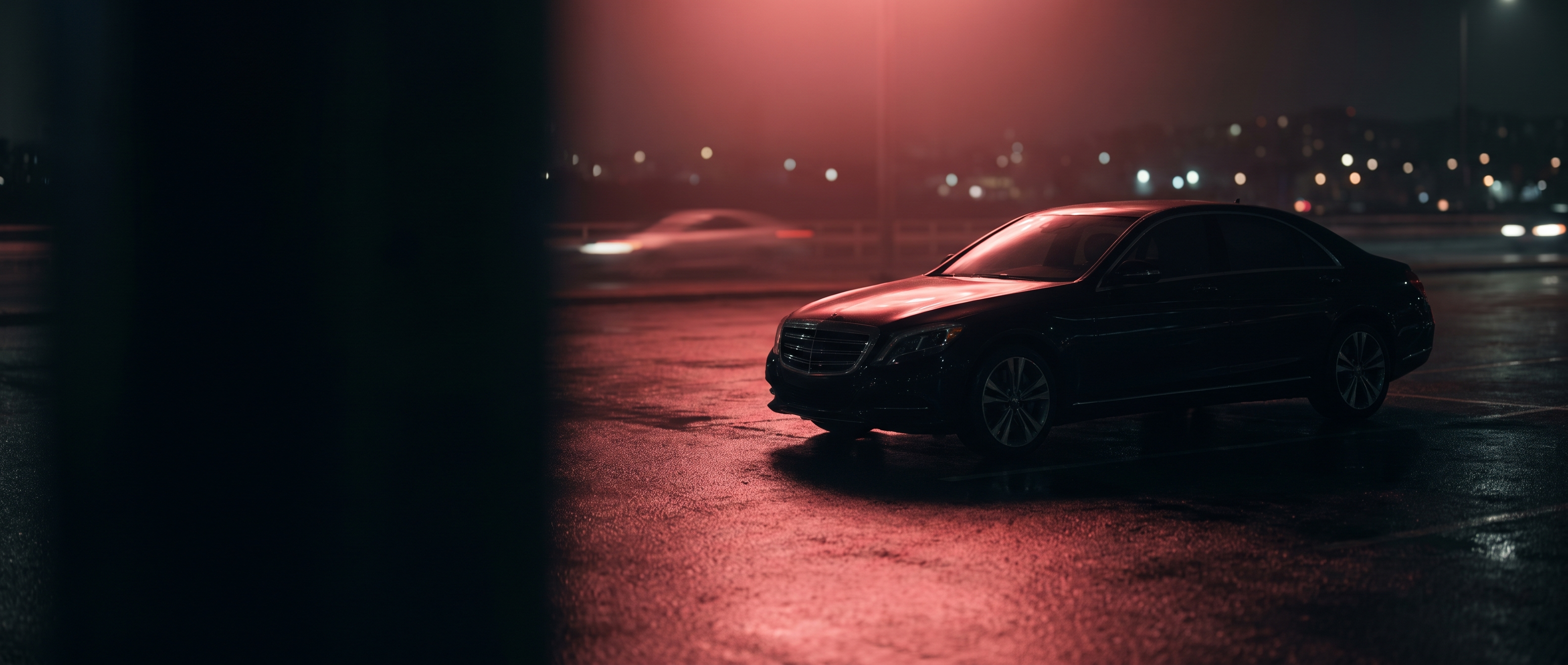 Black luxury car silhouette on wet pavement at night