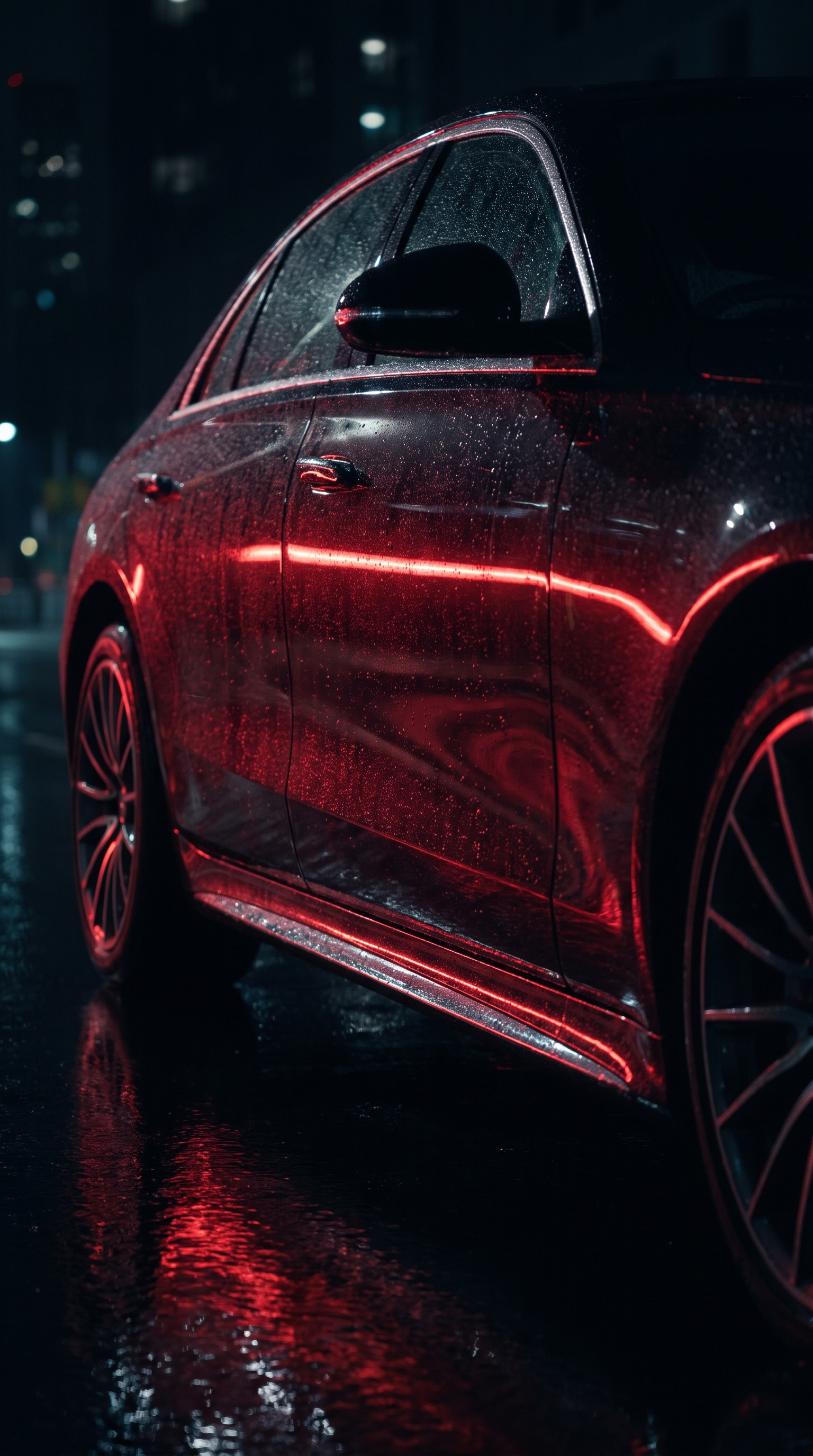 Glossy black luxury car at night with red rim lighting