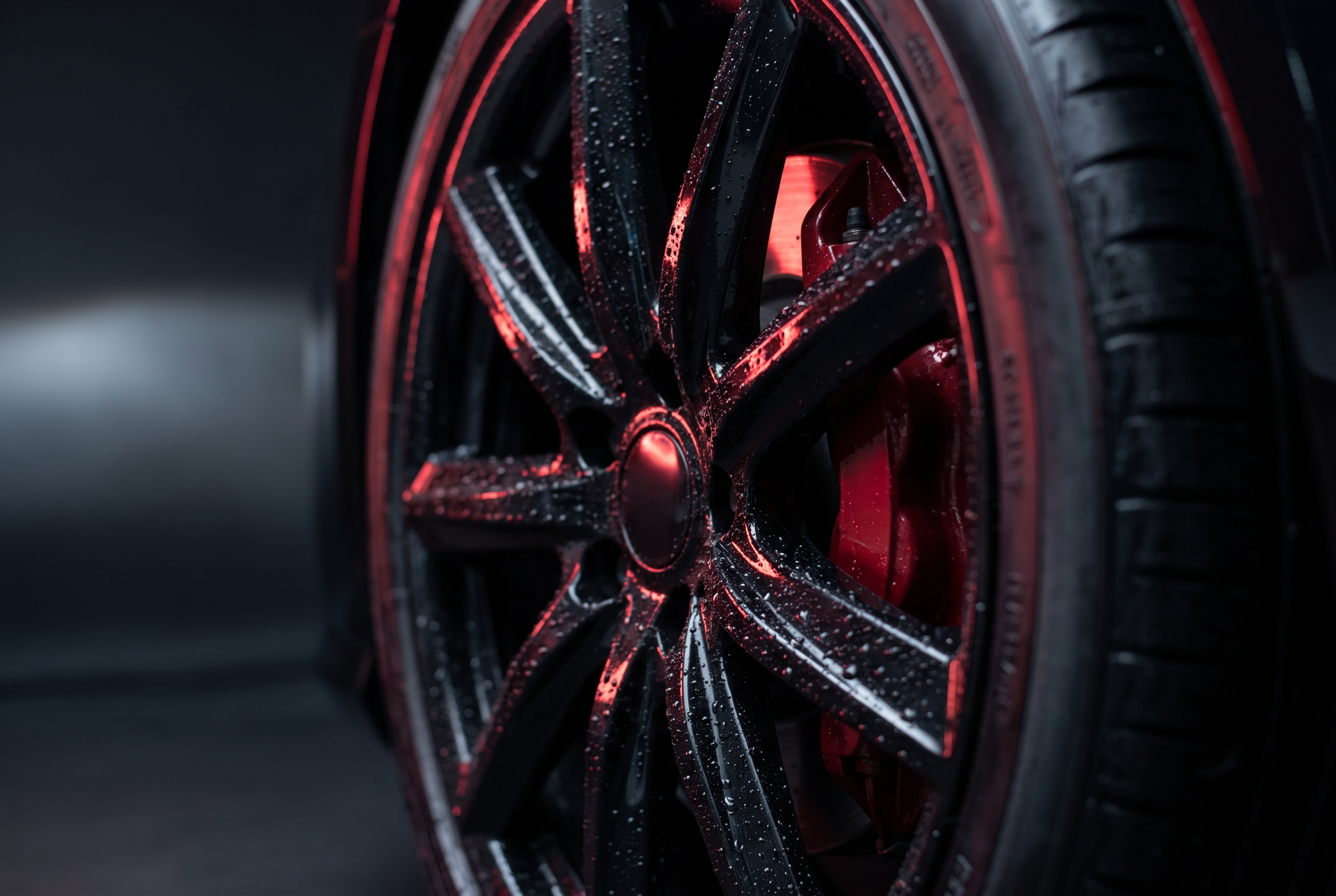 Ceramic-coated glossy black wheel with water beading