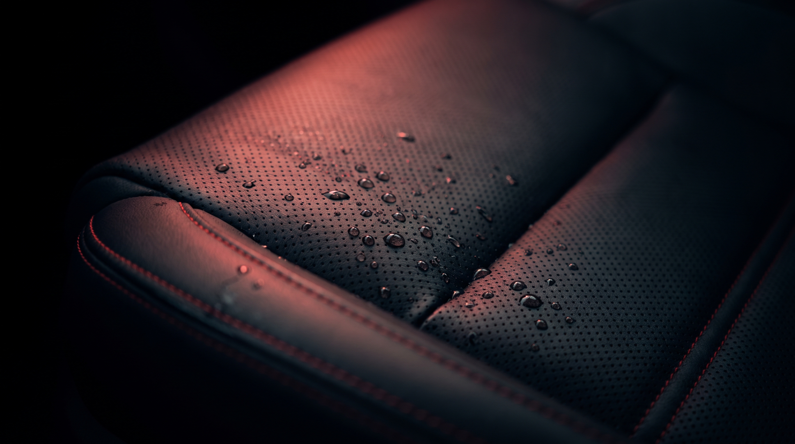 Black leather seat with hydrophobic coating beading water