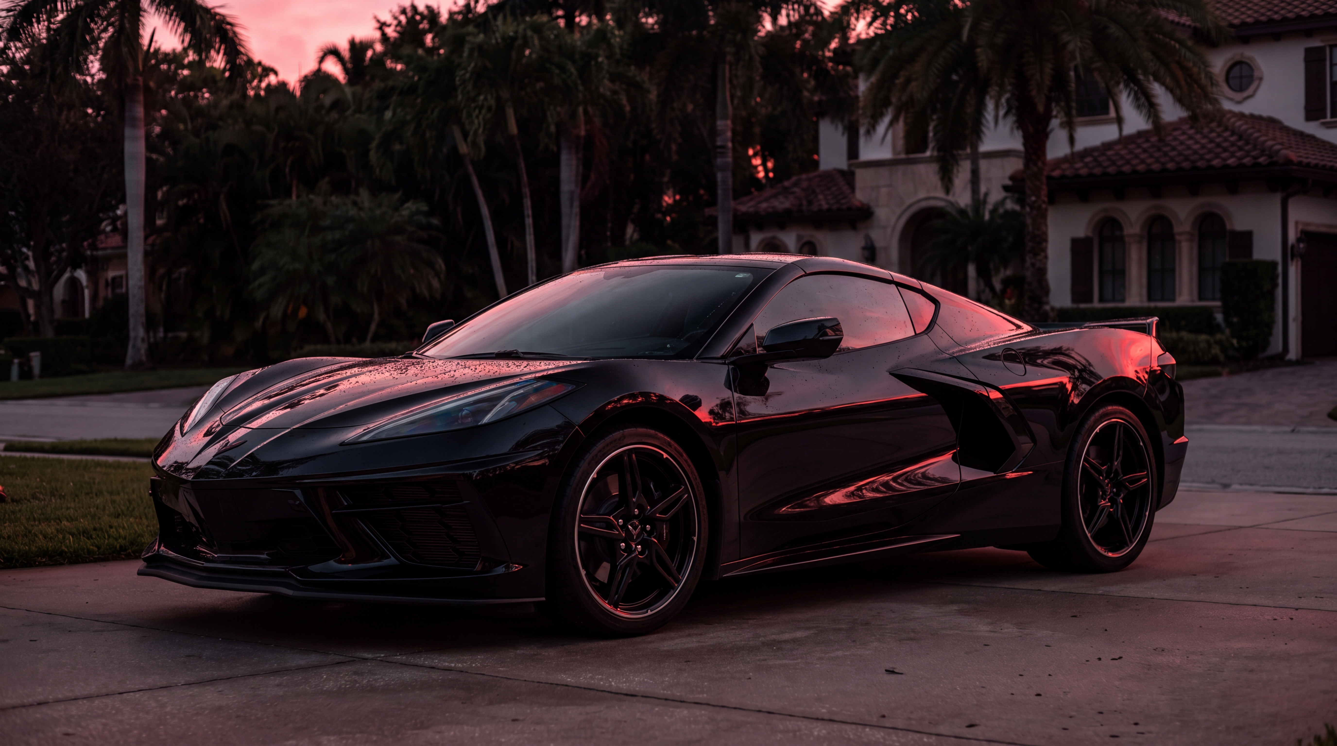 Detailed black Corvette in a Tampa driveway