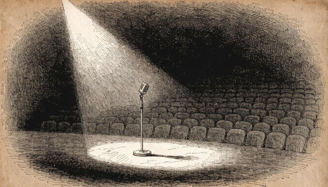 Olympia Hamburg Poetry Slam – ein Mikrofon im Spotlight auf dunkler Bühne