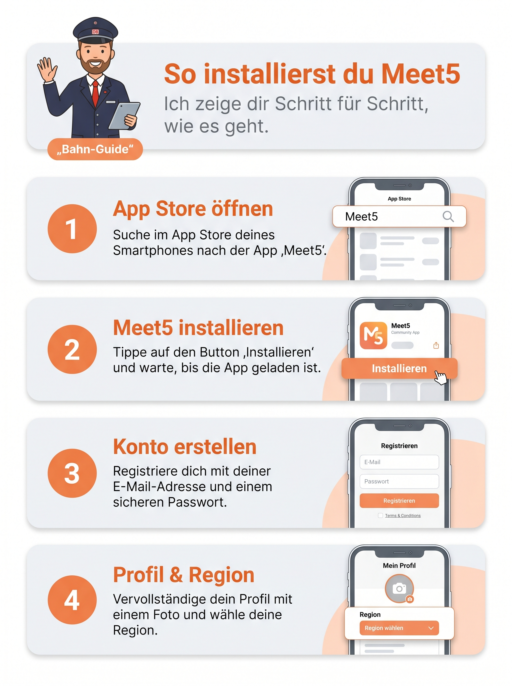 Meet5 installieren und anmelden – Schritt-für-Schritt-Grafik