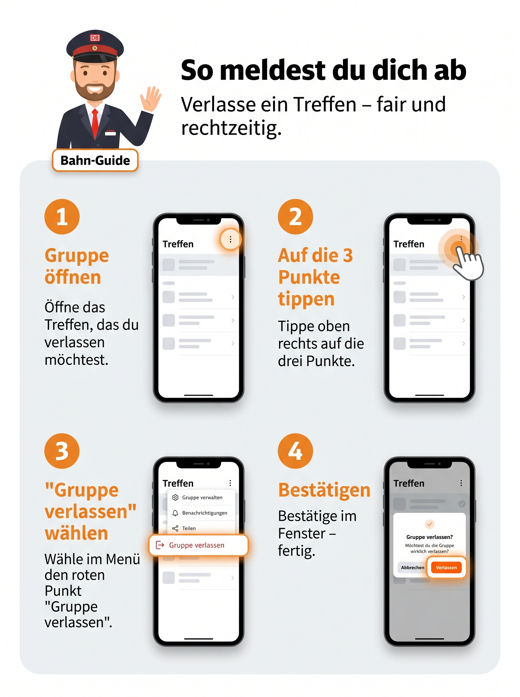 Meet5 abmelden / Gruppe verlassen – Schritt-für-Schritt-Grafik