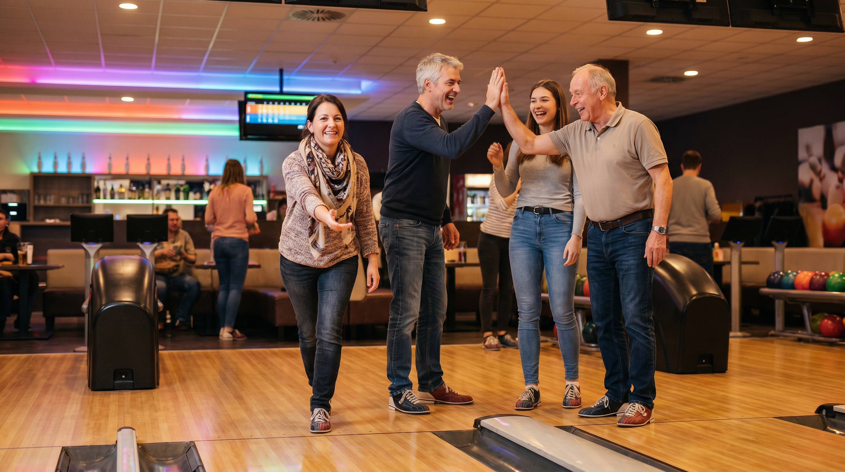 Gemischte Gruppe beim Bowling – Meet5 Treffen