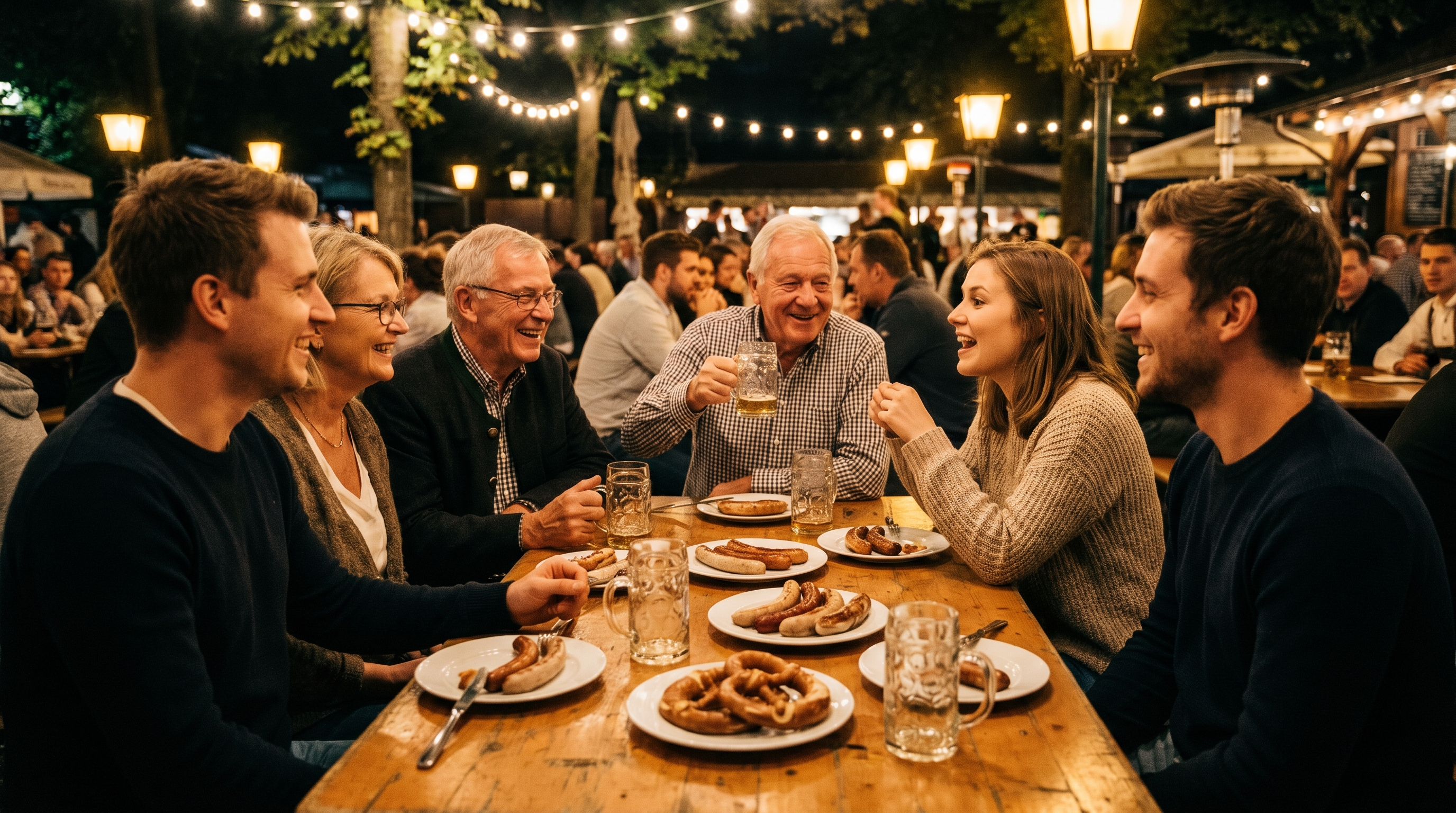 Fröhliche Gruppe beim Stammtisch im Restaurant – Meet5 Idee