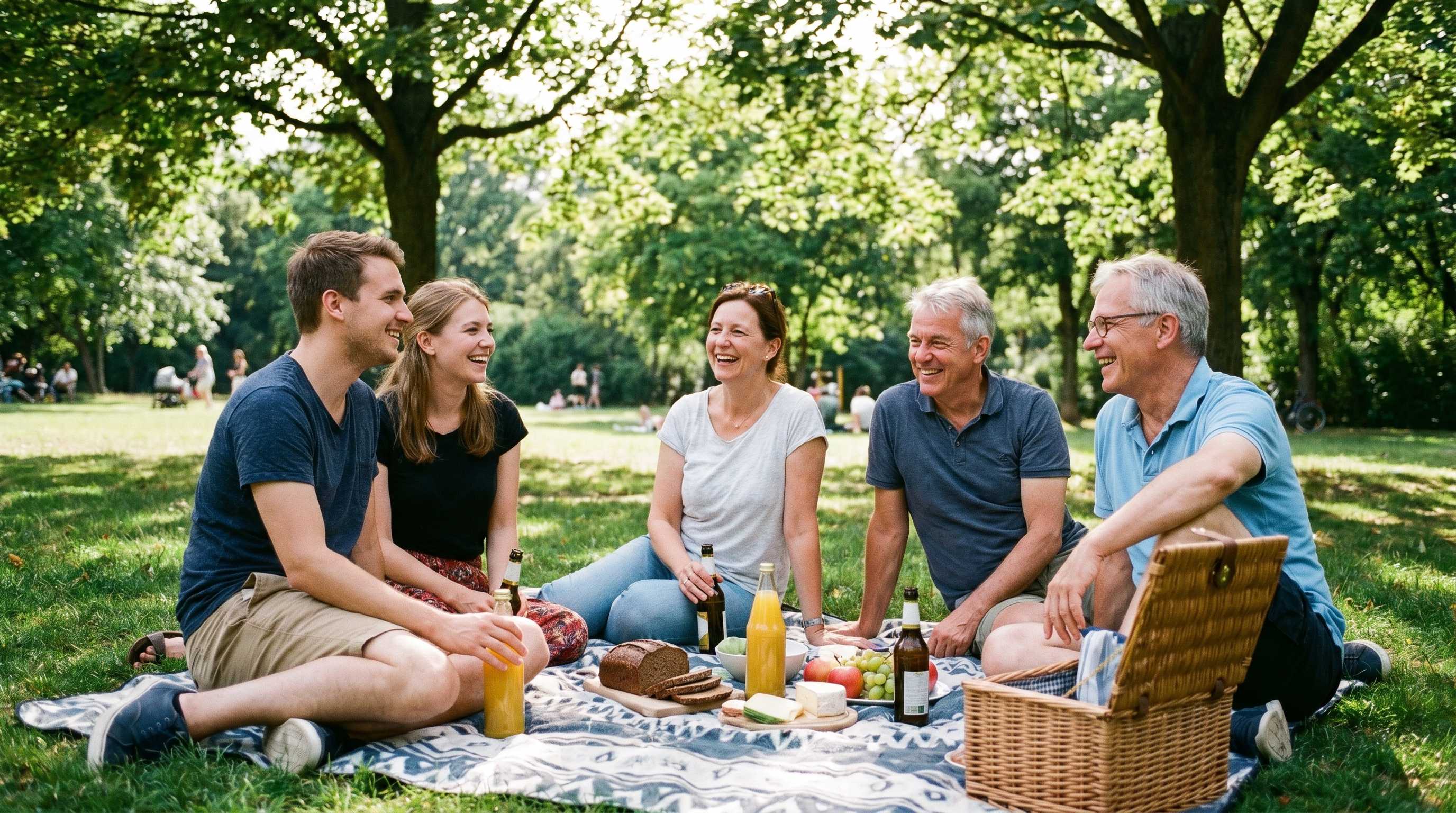 Gruppe beim Picknick im Park – Meet5 Idee