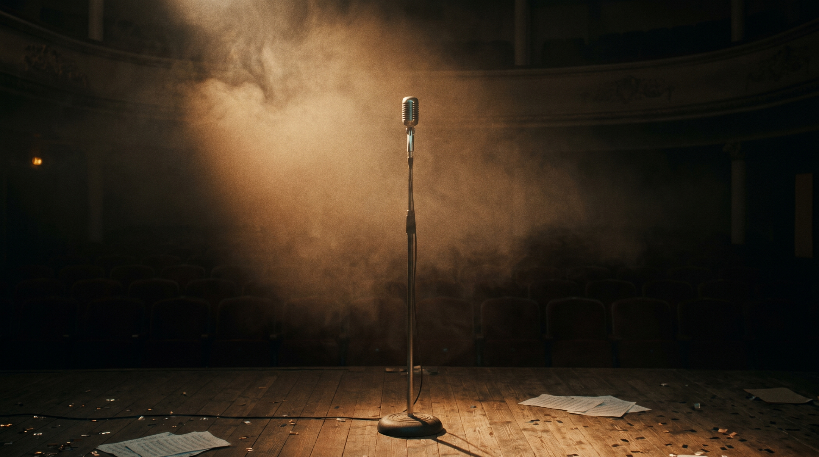 Leere Bühne nach der Show, ein Mikrofon im verlöschenden Spotlight