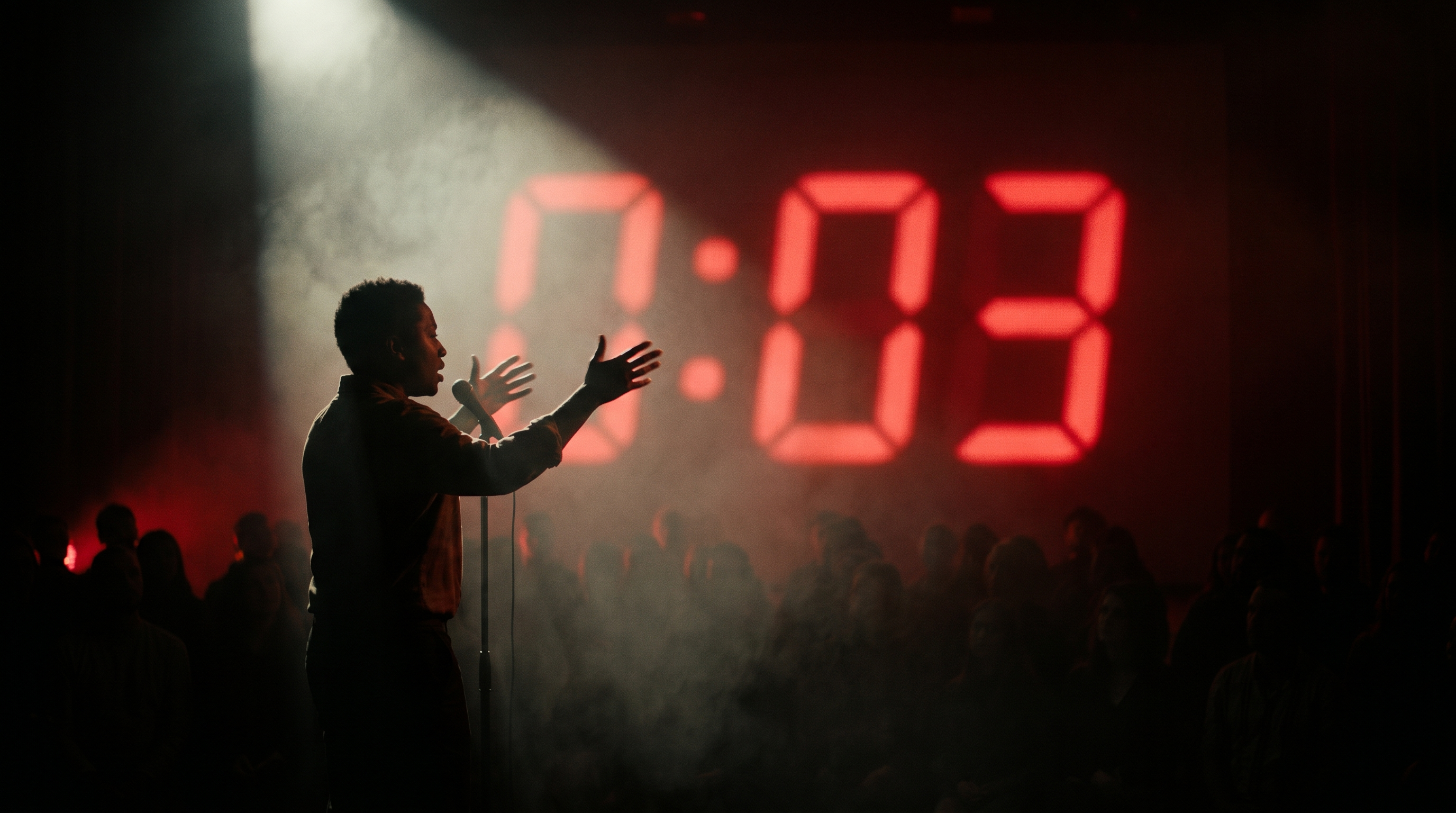 Slammer auf dunkler Bühne, im Hintergrund eine rote Countdown-Uhr