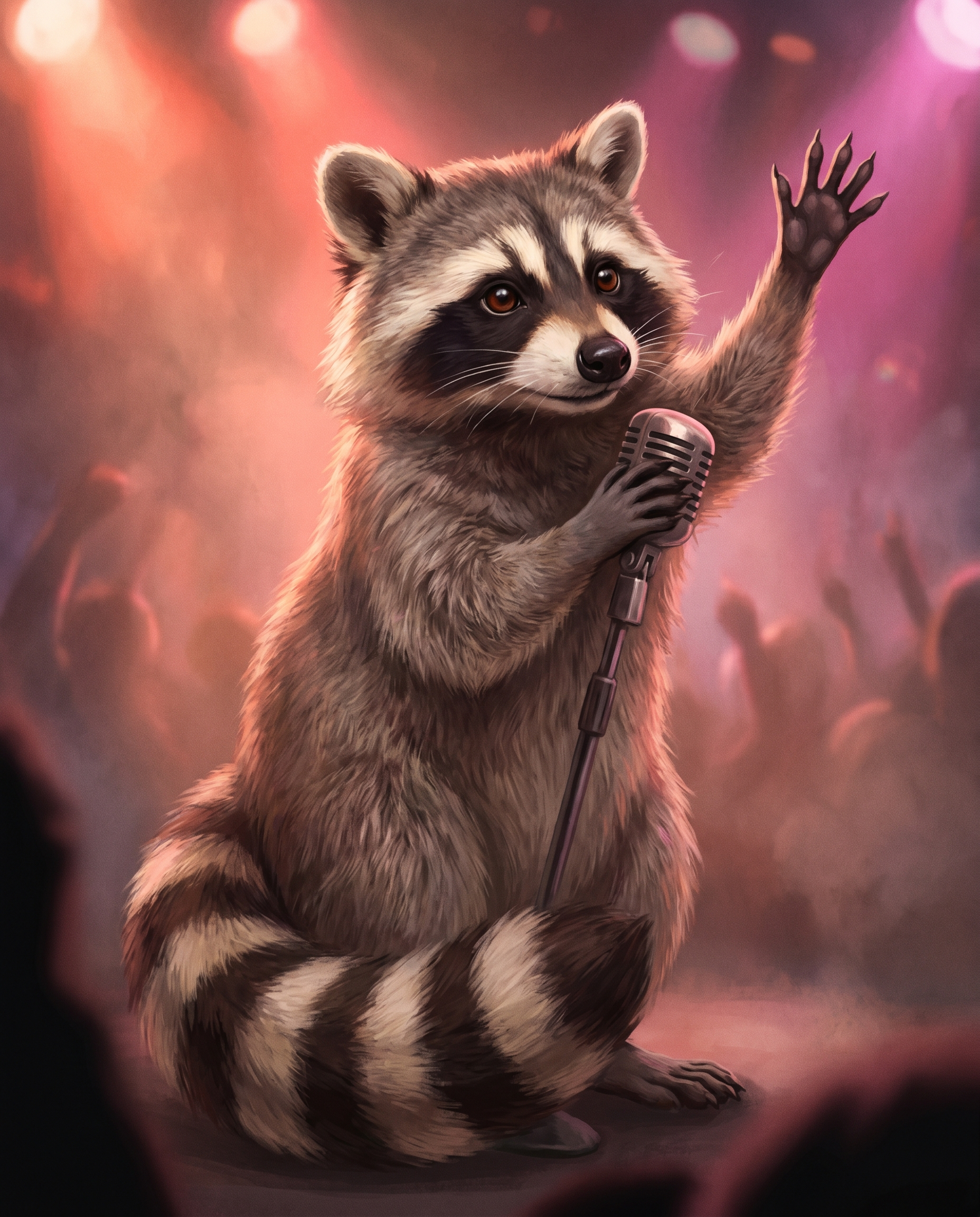 Genosse Waschbär als Rockstar am Mikro, Faust gereckt, Spotlight, Crowd