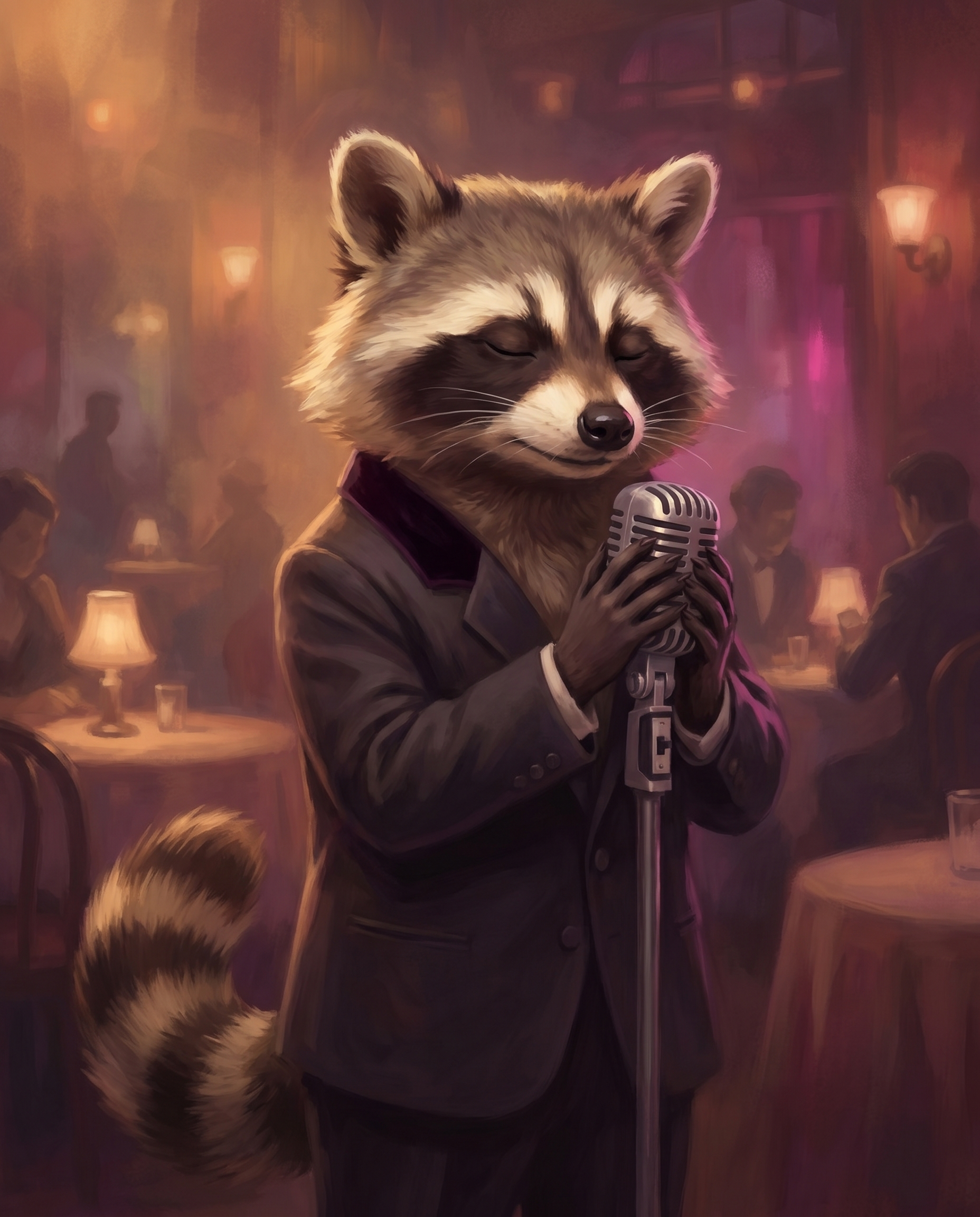 Genosse Waschbär als Crooner im Smoking am Vintage-Mikrofon, Augen geschlossen