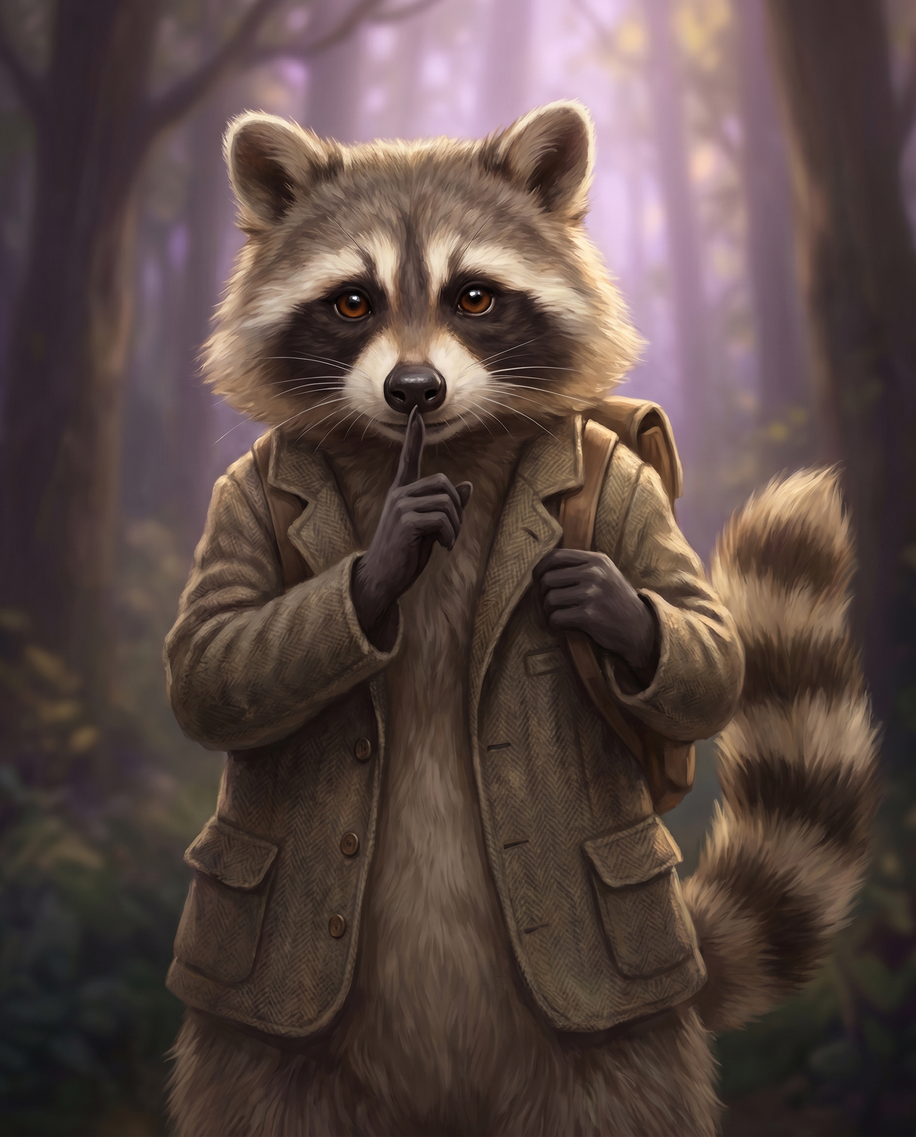 Genosse Waschbär legt den Finger an die Lippen, Pssst