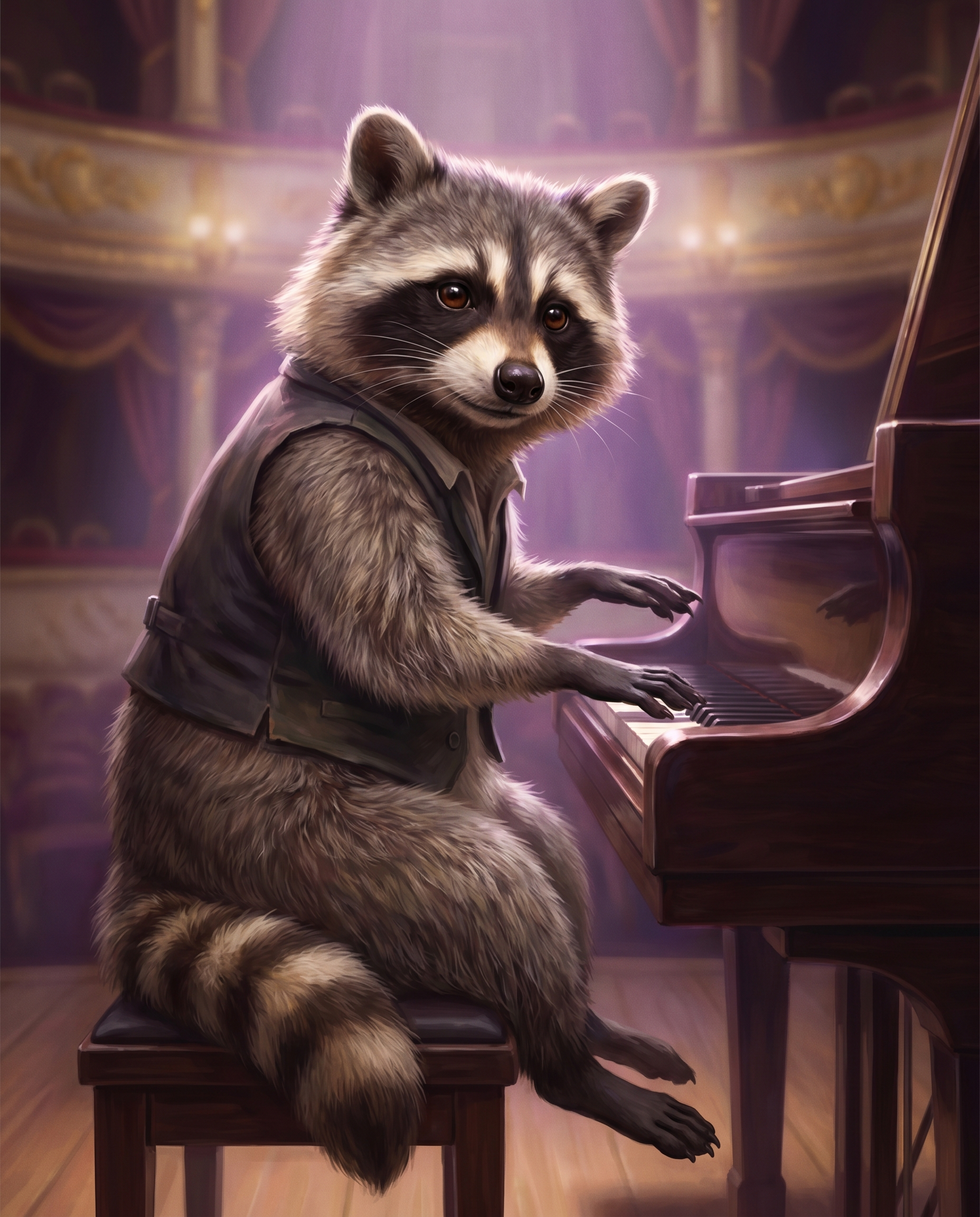 Genosse Waschbär am Klavier, Hände über den Tasten erstarrt, komische Pause