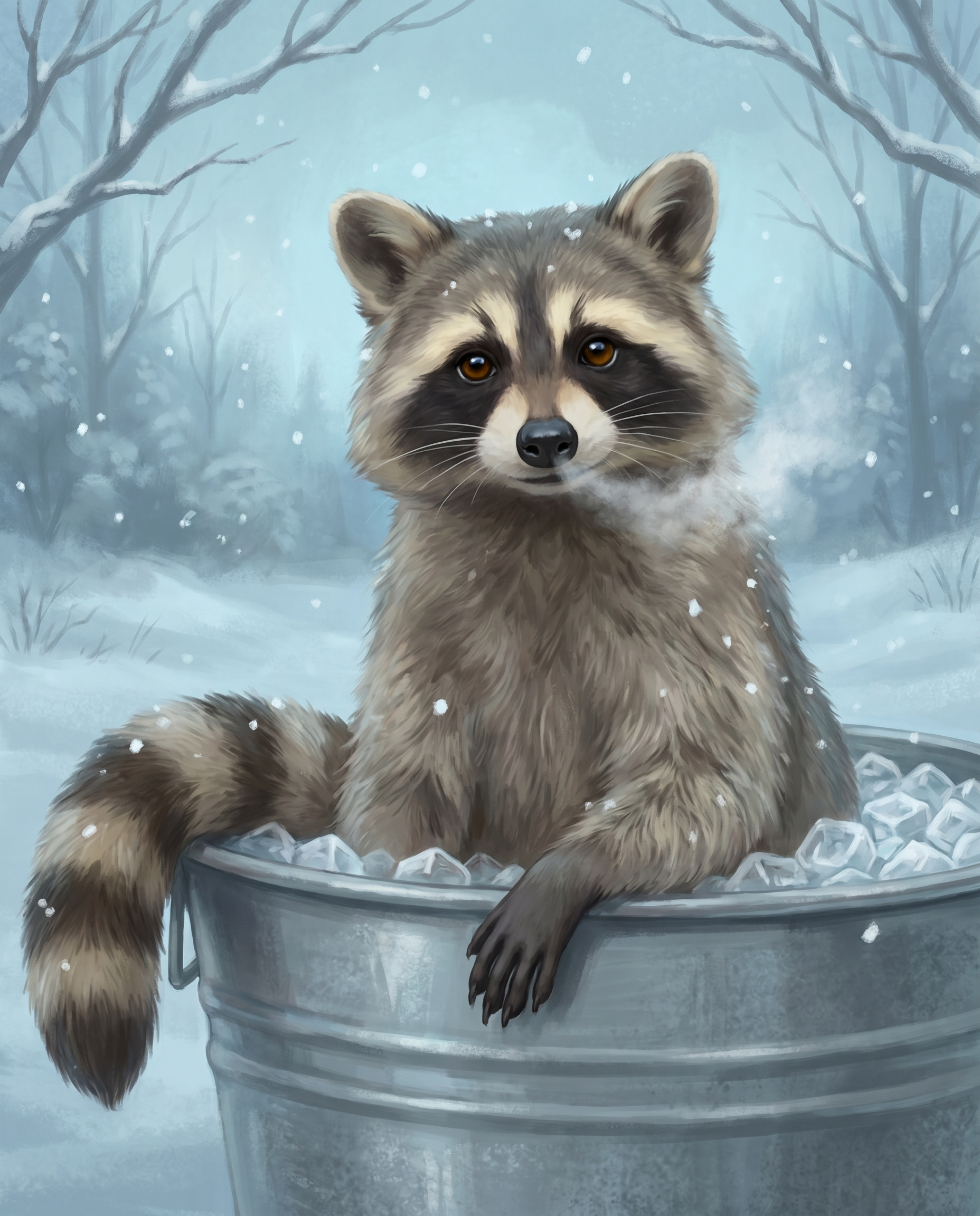 Genosse Waschbär sitzt gelassen in einer Wanne voller Eiswürfel und atmet aus