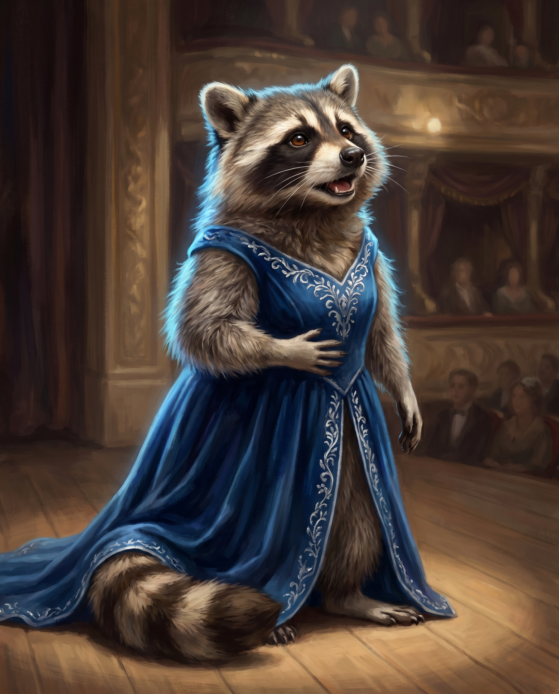 Genosse Waschbär als Opernsänger im Kleid, Pfote auf dem Bauch, langer Ton