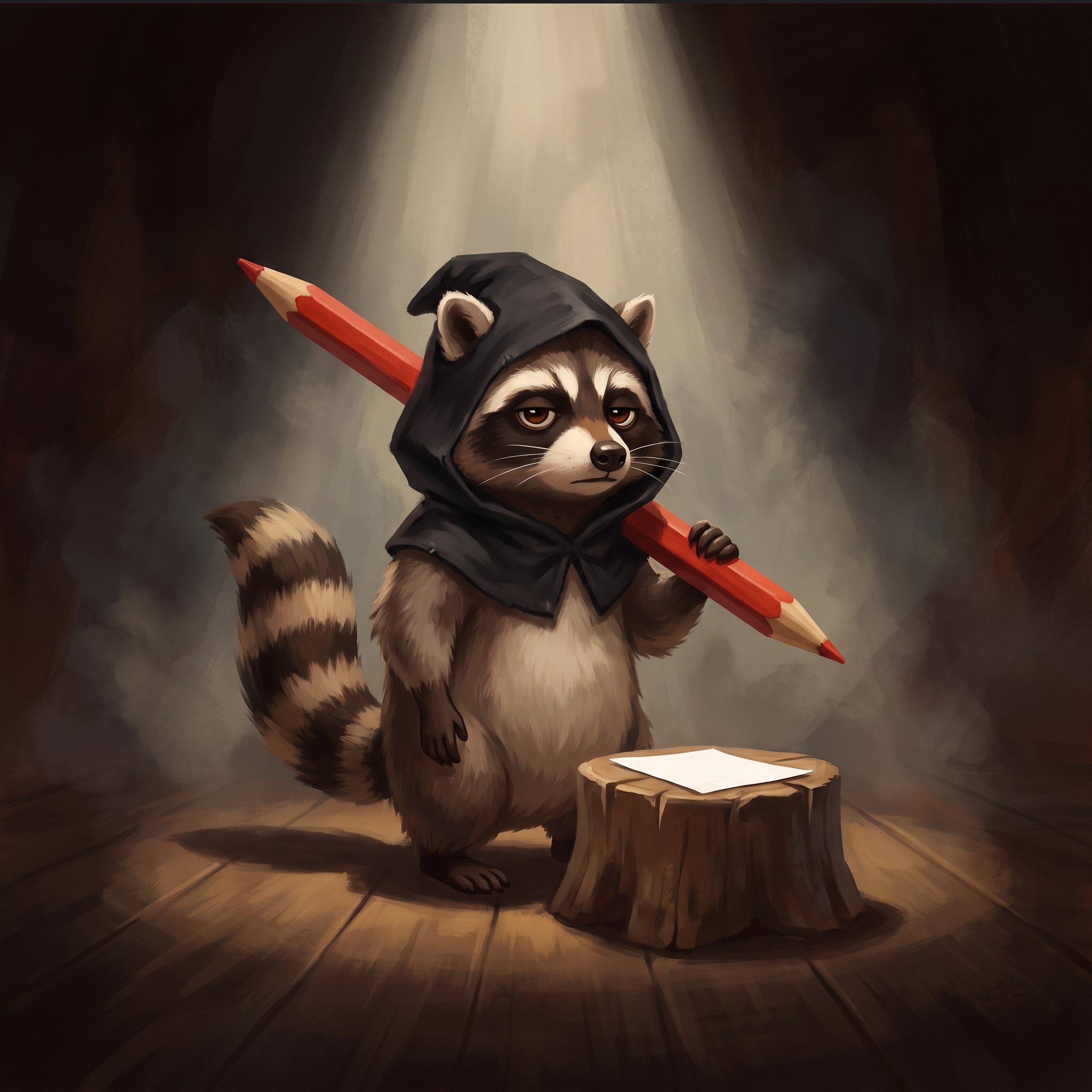 Genosse Waschbär als Henker mit Kapuze und riesigem Rotstift vor einem Hackblock mit leerem Blatt