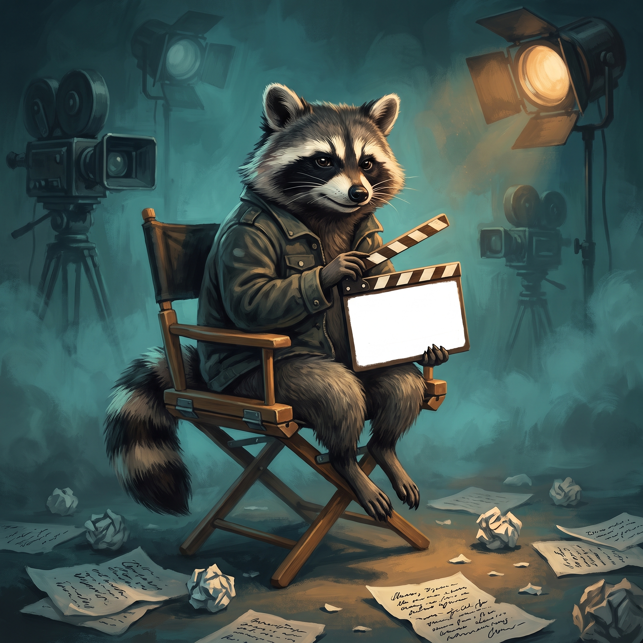 Genosse Waschbär als Regisseur mit Filmklappe im Regiestuhl, umgeben von zerknüllten Manuskriptseiten