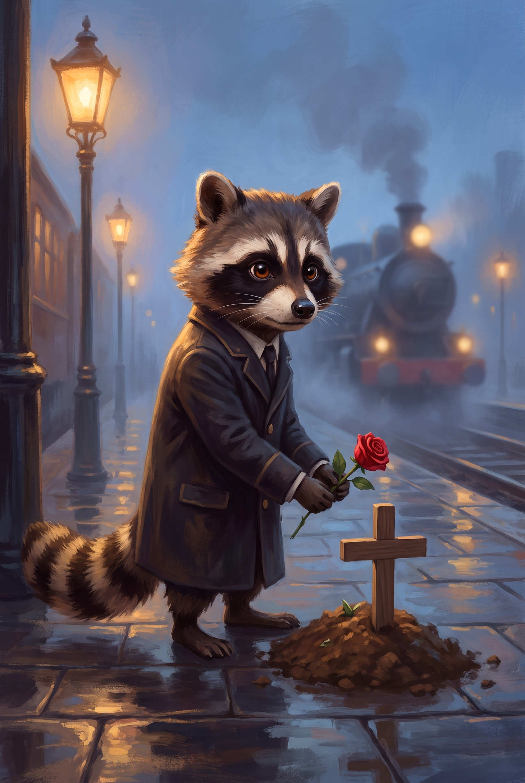 Genosse Waschbär legt eine Rose an ein winziges Grab am nebligen Bahnsteig – hier ruht der Lieblingssatz