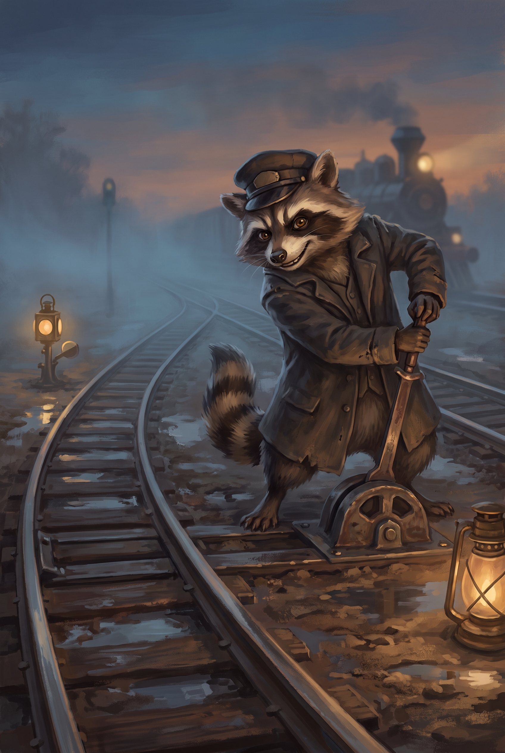 Genosse Waschbär stellt am Bahnhof eine Weiche – Sinnbild für den Erwartungsbruch beim Pointen schreiben