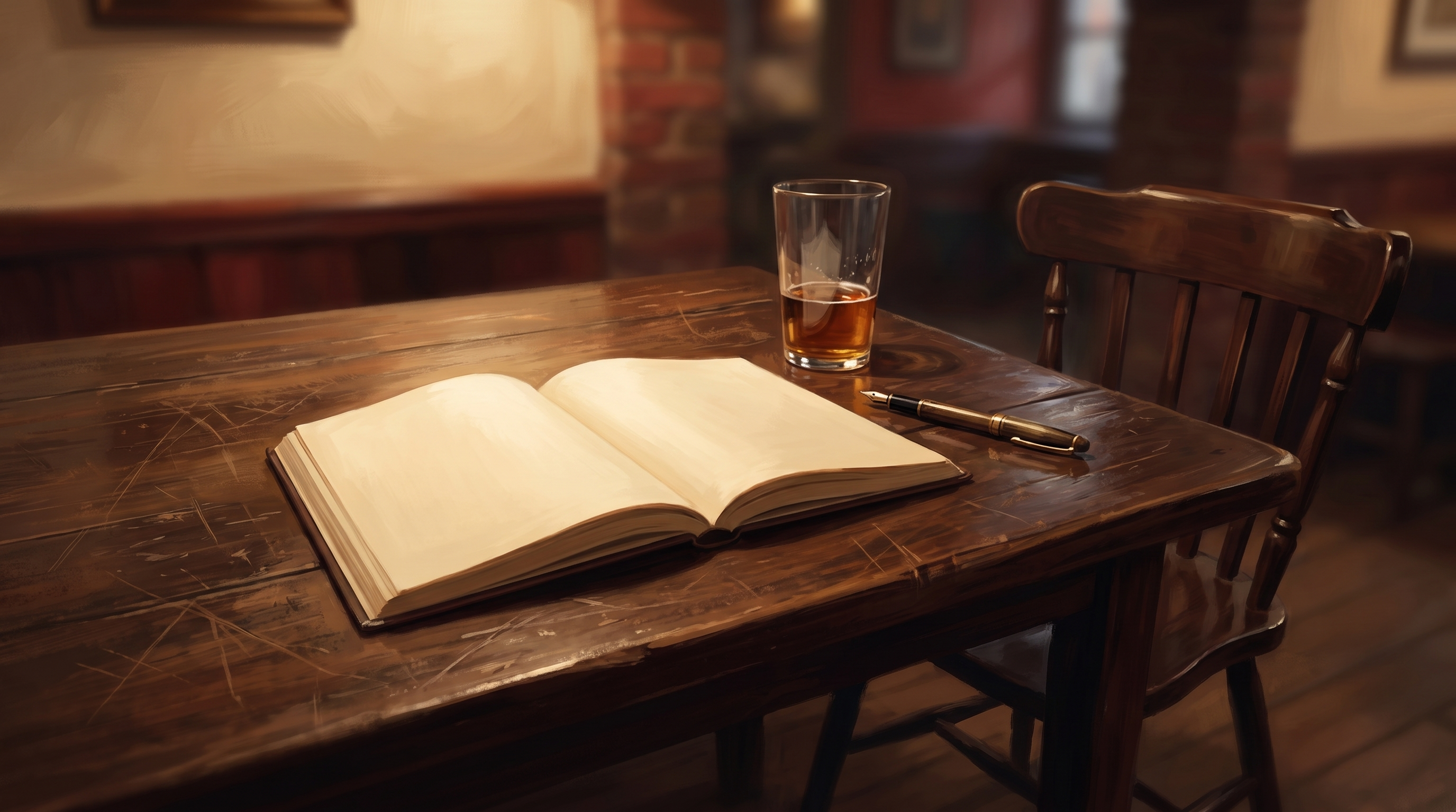 Geduld mit sich selbst beginnt leer: ein aufgeschlagenes leeres Notizbuch auf einem Kneipentisch neben einem halb leeren Glas