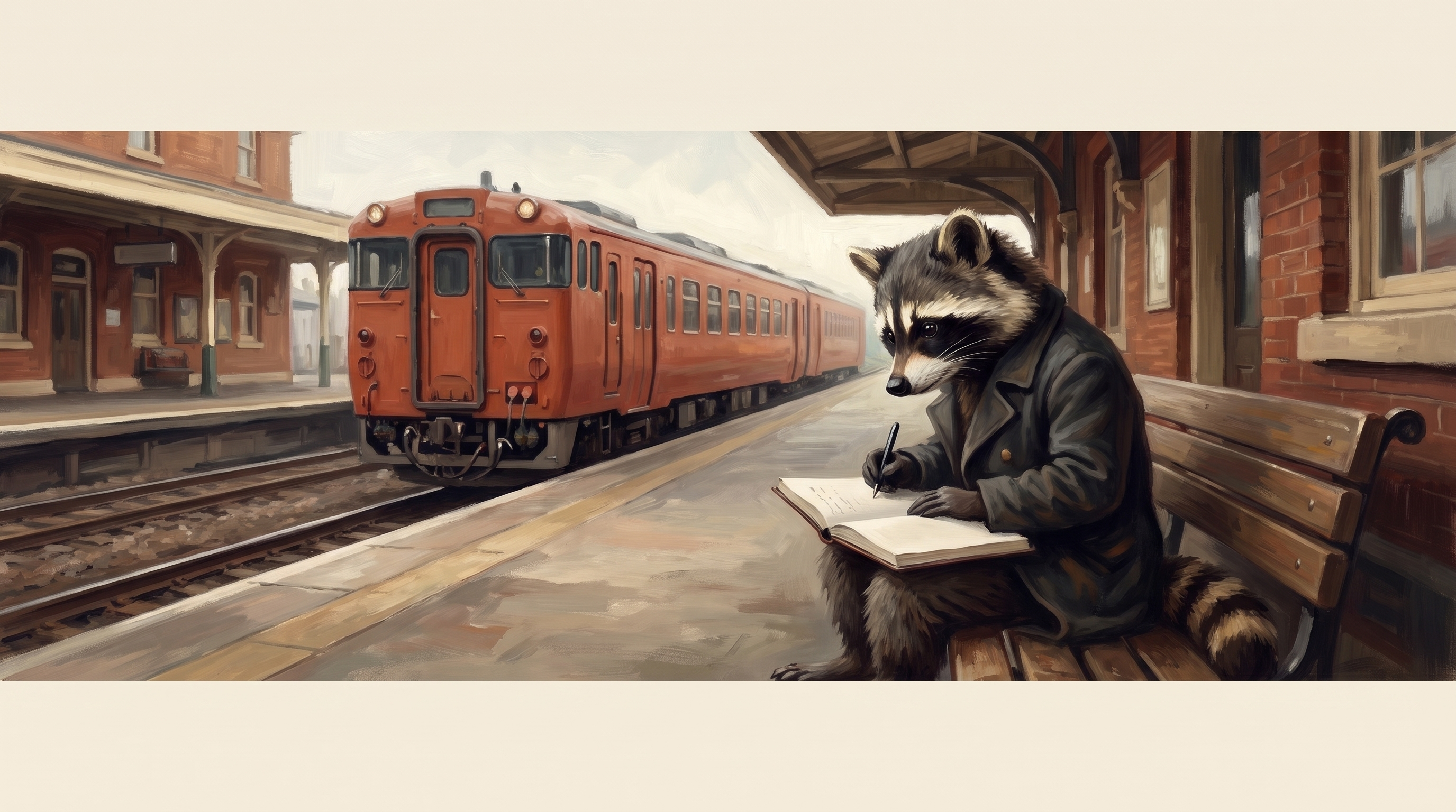 Geduld mit sich selbst im Alltag: der Waschbär sitzt tagsüber mit Notizbuch auf einer Bank am Bahnsteig und schreibt