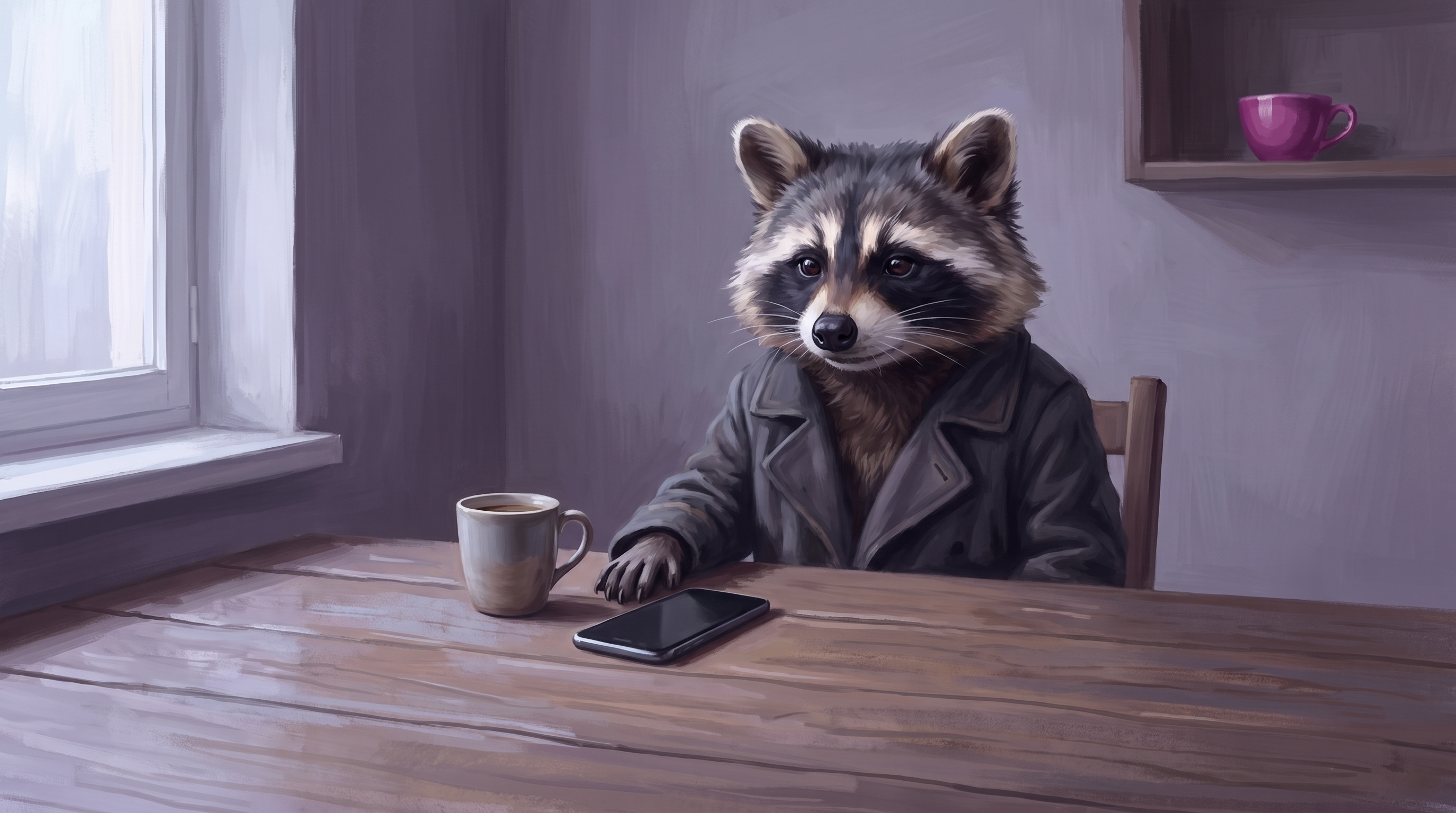 Umgang mit Applaus-Sucht am Morgen danach: der Waschbär sitzt in der Küche, das Handy liegt umgedreht auf dem Tisch