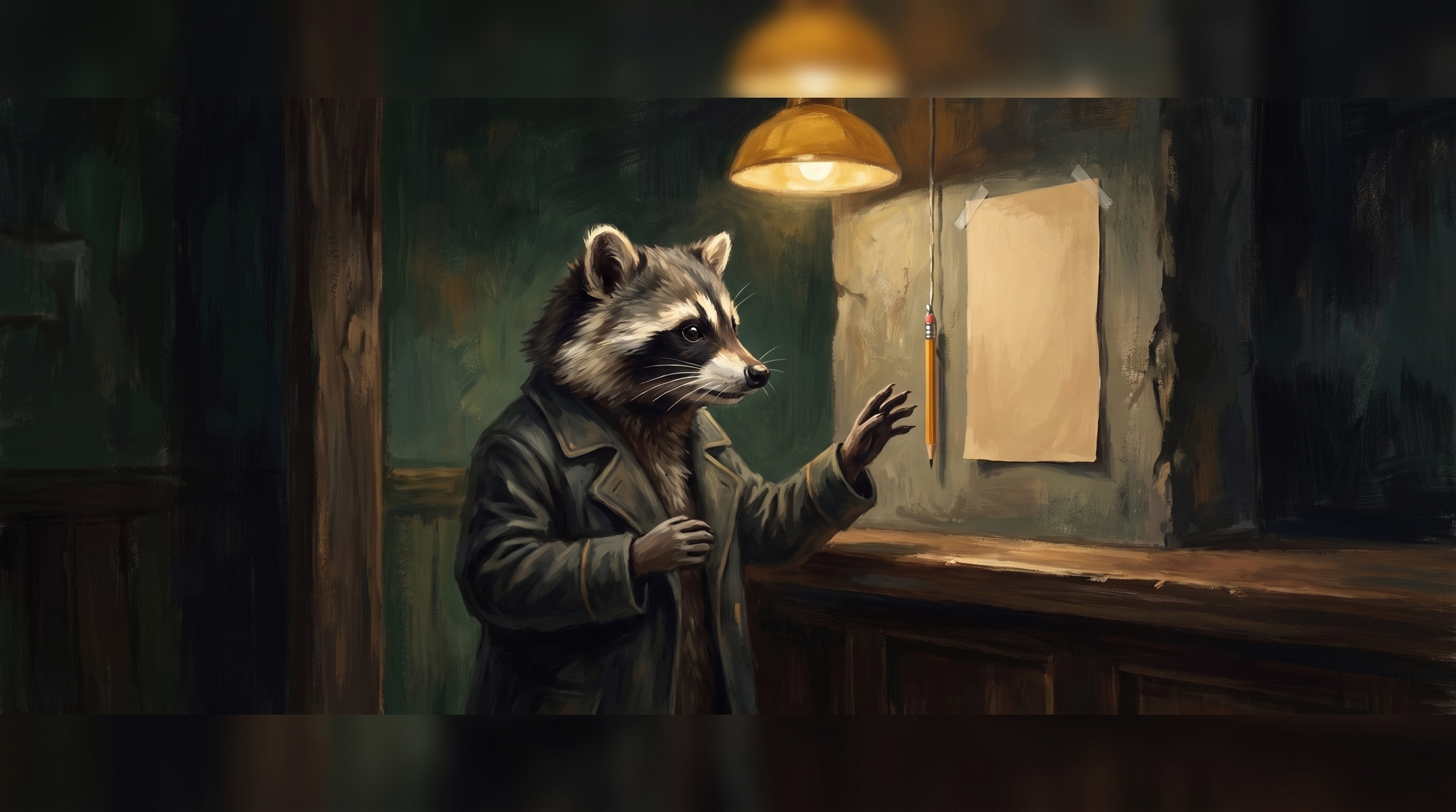 Mut statt Talent beginnt an der Wand: der Waschbär steht zögernd vor der leeren Anmeldeliste, den Stift in der Pfote