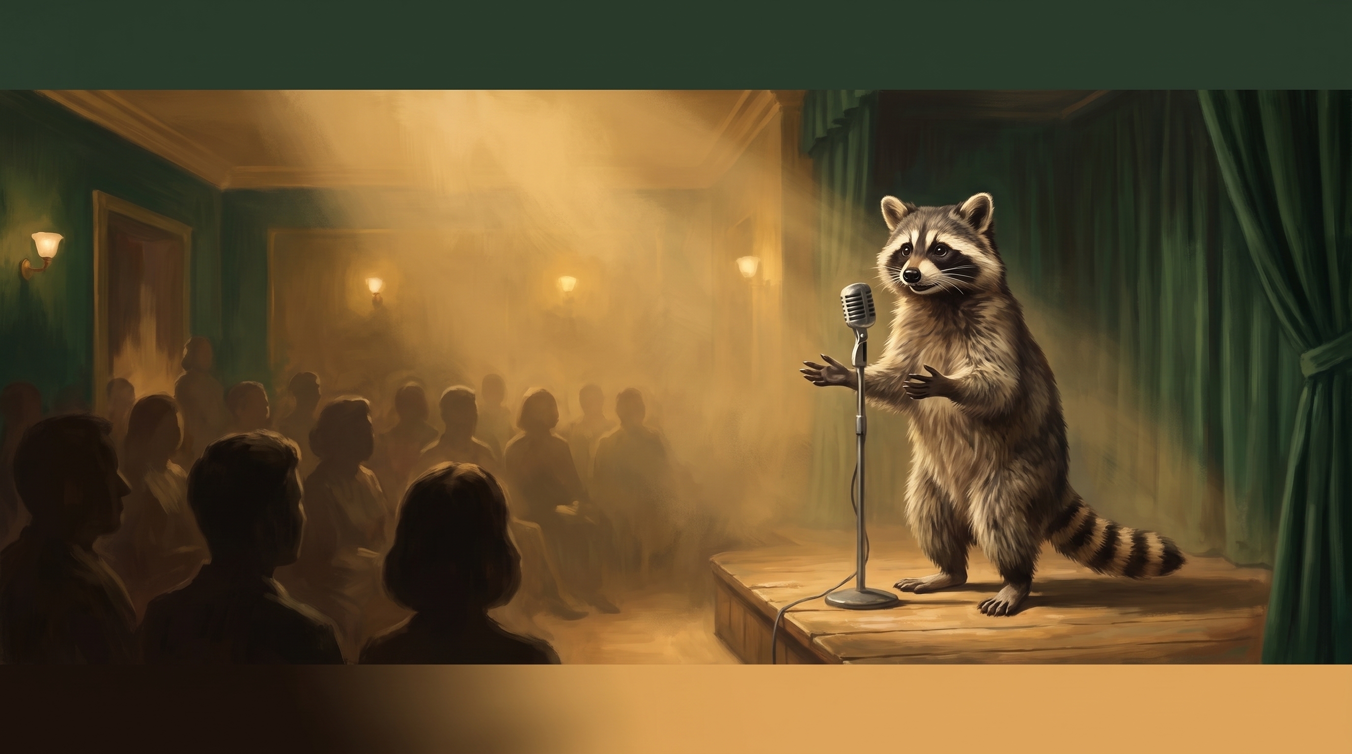 Mut statt Talent nach einem Jahr: der Waschbär steht ohne Blatt souverän und ruhig vor vollem Saal