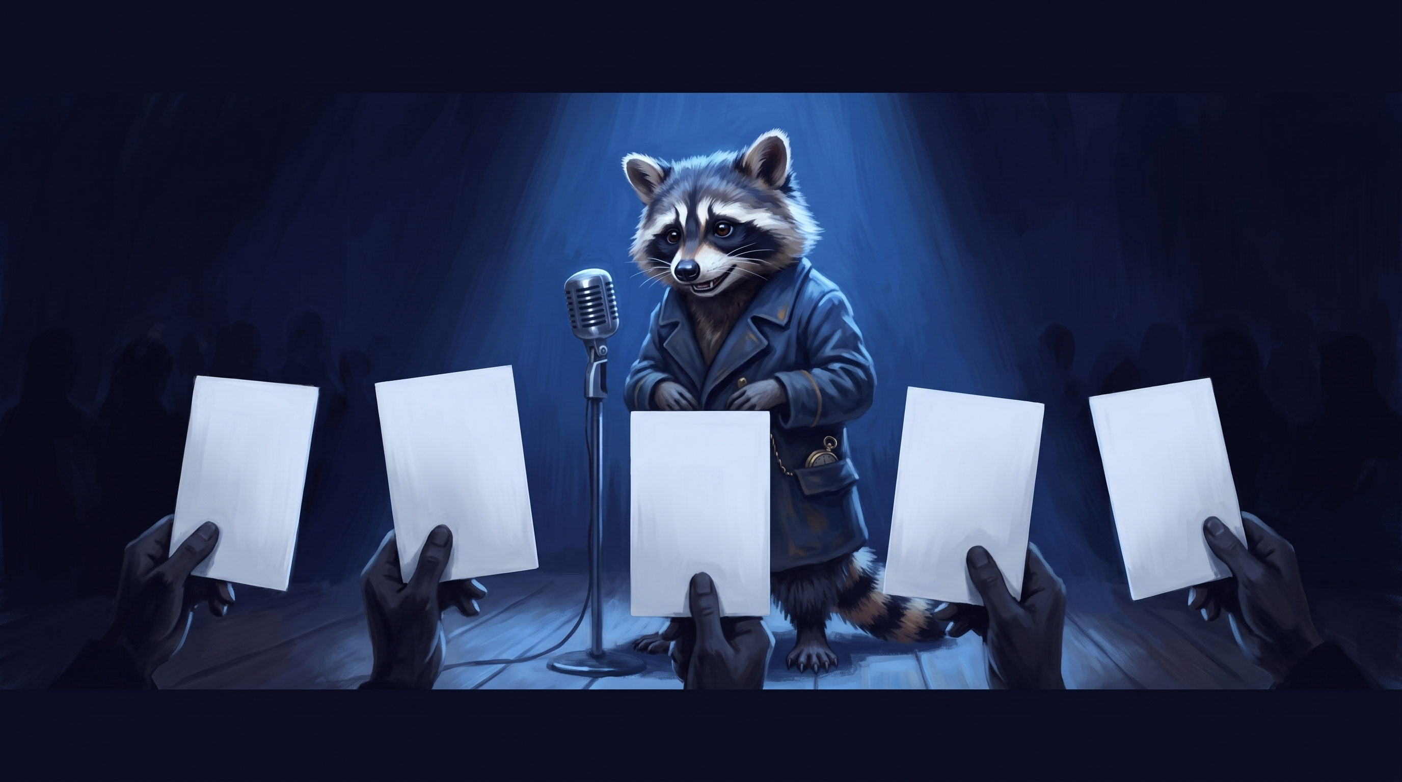 Wertung bei Poetry-Slam-Formaten: der Waschbär steht auf der Bühne, im Vordergrund werden leere Wertungskarten hochgehalten